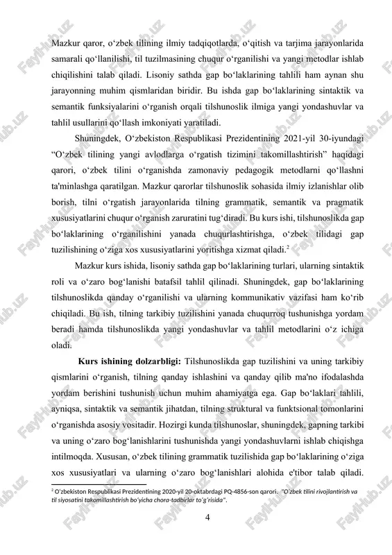 tlari va ularning o‘zaro bog‘lanishlari alohida e'tibor talab qiladi. shuning uchun, lisoniy sathda gap boʻlaklarining tahlili nafaqat tilshunoslik, balki tilni o‘rganish va o‘rgatish jarayonida ham dolzarb ahamiyat kasb etadi. bu kurs ishi, tilshunoslikda gap boʻlaklarining o‘rganilishi va ularning ma'no yaratishdagi roli haqida yangi bilimlar olishga yordam beradi, shuningdek, lingvistik tahlil qilishda zamonaviy yondashuvlarni amaliyotda qo‘llash imkonini yaratadi. kurs ishining maqsadi: ushbu kurs ishining asosiy maqsadi lisoniy sathda gap boʻlaklarini tahlil qilish va ularning tilshunoslikdagi o‘rnini aniqlashdir. gap boʻlaklarining sintaktik va semantik funksiyalarini o‘rganish, ularning o‘zaro bog‘lanishlarini tushunish va bu bog‘lanishlarning tilning ma'no yaratish jarayonidagi rolini aniqlashdir. shuningdek, kurs ishi davomida gap boʻlaklarining turli turlarini ko‘rib chiqish va ularning o‘ziga xos xususiyatlarini tahlil qilish orqali, o‘zbek tilidagi gap tuzilishining qanday ishlashini yaxshiroq tushunishga erishiladi. maqsadga erishish uchun gap boʻlaklarining sintaktik roli, ularning kommunikativ funksiyasi, shuningdek, tilning semantik va pragmatik jihatlari batafsil o‘rganiladi. kurs ishining obyekti: kurs ishining obyekti lisoniy sathda gap …