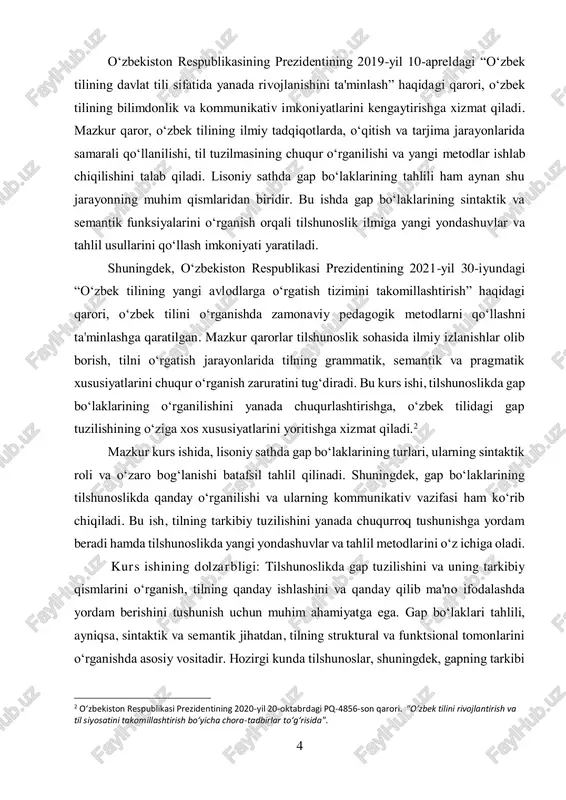 i alohida e'tibor talab qiladi. shuning uchun, lisoniy sathda gap boʻlaklarining tahlili nafaqat tilshunoslik, balki tilni o‘rganish va o‘rgatish jarayonida ham dolzarb ahamiyat kasb etadi. bu kurs ishi, tilshunoslikda gap boʻlaklarining o‘rganilishi va ularning ma'no yaratishdagi roli haqida yangi bilimlar olishga yordam beradi, shuningdek, lingvistik tahlil qilishda zamonaviy yondashuvlarni amaliyotda qo‘llash imkonini yaratadi. kurs ishining maqsadi: ushbu kurs ishining asosiy maqsadi lisoniy sathda gap boʻlaklarini tahlil qilish va ularning tilshunoslikdagi o‘rnini aniqlashdir. gap boʻlaklarining sintaktik va semantik funksiyalarini o‘rganish, ularning o‘zaro bog‘lanishlarini tushunish va bu bog‘lanishlarning tilning ma'no yaratish jarayonidagi rolini aniqlashdir. shuningdek, kurs ishi davomida gap boʻlaklarining turli turlarini ko‘rib chiqish va ularning o‘ziga xos xususiyatlarini tahlil qilish orqali, o‘zbek tilidagi gap tuzilishining qanday ishlashini yaxshiroq tushunishga erishiladi. maqsadga erishish uchun gap boʻlaklarining sintaktik roli, ularning kommunikativ funksiyasi, shuningdek, tilning semantik va pragmatik jihatlari batafsil o‘rganiladi. kurs ishining obyekti: kurs ishining obyekti lisoniy sathda gap boʻlaklarining struktural va sintaktik …