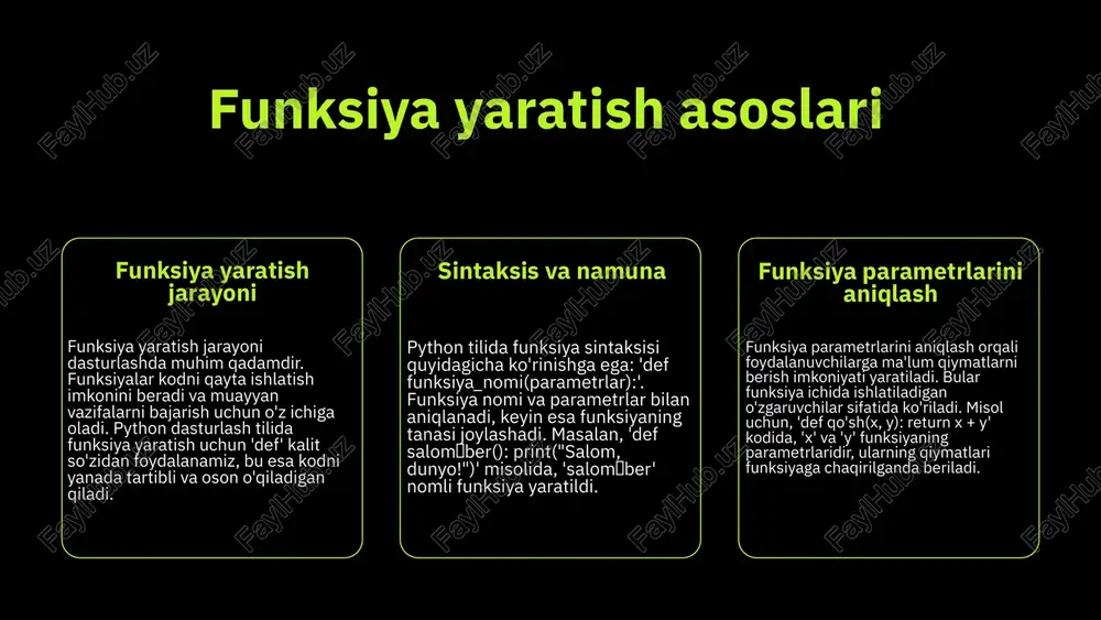 ixtiyoriylar esa shart emas. kalit so'zli parametrlar esa o'z nomlari bilan berilishi mumkin, bu esa kodni tushunishni osonlashtiradi va parametrlarni tartibga solishda yordam beradi. photo by mohammad rahmani on unsplash majburiy parametrlar majburiy parametrlar haqida python dasturlash tilida majburiy parametrlar funksiyaning chaqirilishi vaqtida berilishi shart. agar majburiy parametrlar berilmasa, dastur xato xabarini ko'rsatadi va bajarilishi to'xtaydi. bu parametrlar funksiyaning to'g'ri ishlashi uchun zarur bo'lgan ma'lumotlarni ta'minlaydi. misol: def salom_ber(ism): print(f'salom, {ism}!') salom_ber('ali') # chiqishi: salom, ali! salom_ber() # xato: typeerror: salom_ber() missing 1 required positional argument: 'ism' xulosa: majburiy parametrlar dasturlashda muhim hisoblanadi, chunki ular funksiyaning to'g'ri ishlashi uchun zarur. ularni to'g'ri berish dasturiy ta'minotning ishonchliligini oshiradi va xatoliklarni kamaytiradi. ixtiyoriy parametrlar haqida umumiy ma'lumot ixtiyoriy parametrlar python funksiyalarida berilishi shart emas, lekin ular berilsa, default qiymatlarni oladi. bu parametrlar dasturchiga funksiyani chaqirishda ko'proq moslashuvchanlik beradi. masalan, agar bir funksiyada ixtiyoriy parametrlar bo'lsa, foydalanuvchi ular uchun maxsus qiymatlar kiritishi yoki …