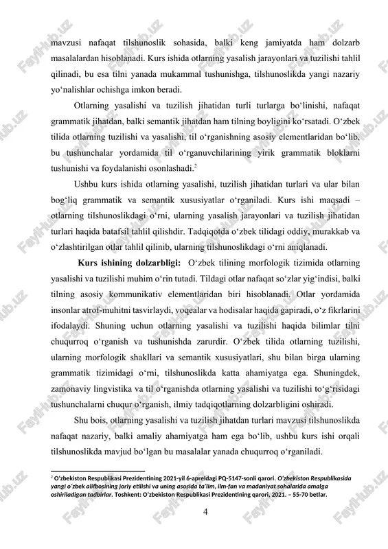 atdan turlari mavzusi tilshunoslikda nafaqat nazariy, balki amaliy ahamiyatga ham ega bo‘lib, ushbu kurs ishi orqali tilshunoslikda mavjud bo‘lgan bu masalalar yanada chuqurroq o‘rganiladi. kurs ishining maqsadi: ushbu kurs ishining maqsadi – o‘zbek tilida otlarning yasalishi, tuzilishi va ularning turli turlarini ilmiy jihatdan tahlil qilishdir. mavzu doirasida quyidagi vazifalar belgilangan: · o‘zbek tilidagi otlarning yasalish jarayonlarini aniqlash, ularning morfologik tuzilishini o‘rganish. · oddiy, murakkab va o‘zlashtirilgan otlarning farqlarini va xususiyatlarini tahlil qilish. · otlarning semantik jihatlarini va tilshunoslikdagi o‘rnini aniqlash. · o‘zbek tilidagi otlarning yasalishi va tuzilishi bilan bog‘liq grammatik qoidalarni tahlil qilish. · otlarning tilshunoslikda tutgan o‘rni va uning lingvistik tadqiqotlar uchun ahamiyatini o‘rganish. kurs ishining natijalari o‘zbek tilining morfologik tizimi va otlar bilan bog‘liq grammatik tushunchalar bo‘yicha ilmiy fikrlarni shakllantirishga yordam beradi va tilshunoslik sohasida yangi izlanishlar uchun asos yaratadi. kurs ishining obyekti: ushbu kurs ishining obyekti – o‘zbek tilidagi otlarning yasalishi va tuzilish jihatdan turlari, ularning morfologik …