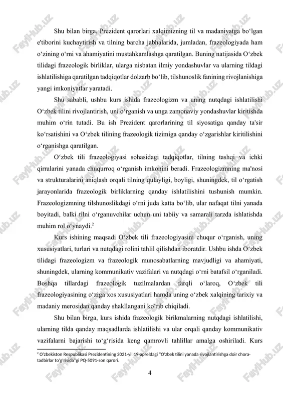 a ahamiyatini chuqurroq anglashga yordam berishdir. kurs ishining dolzarbligi: oʻzbek tili frazeologiyasi o‘ziga xos tizimga ega bo‘lgan, ko‘p qirrali til birligi bo‘lib, uning tahlili va o‘rganilishi tilshunoslik fanida katta ahamiyatga ega. frazeologizmlar tilda mustahkam va beqaror tuzilmalarni yaratib, tilning ekspressiv va ma'nodagi imkoniyatlarini kengaytiradi. ular xalqning tarixi, madaniyati, tafakkuri va turmush tarzini aks ettiruvchi asosiy omil bo‘lib, ularni tahlil qilish orqali milliy tilning o‘ziga xos xususiyatlarini chuqurroq anglash mumkin. frazeologik birliklar tildagi ma'no qatlamlarining boyligini namoyish etadi va ularning mazmunini to‘g‘ri tushunish kommunikatsiya jarayonini samarali qilishda muhim ahamiyatga ega. shu nuqtai nazardan, oʻzbek tilidagi frazeologizmlarning o‘rganilishi faqatgina ilmiy qiziqish emas, balki tilni o‘rgatish va undan samarali foydalanishning muhim omili hisoblanadi. bu mavzuning dolzarbligi shundaki, frazeologizm va ularning nutqda ishlatilishi o‘zbek tilida yetarlicha chuqur o‘rganilmagan, shu bilan birga frazeologik tuzilmalar turli sohalarda samarali qo‘llanilishi mumkin. ayniqsa, frazeologik birikmalarni til o‘rganuvchilarga o‘rgatishda yoki nutq jarayonida ularning o‘rni va ahamiyatini aniqlashda bu ilmiy …