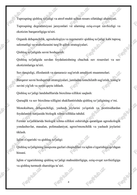 ashtirishni boshladilar. ilk qishloq xo'jaligi amaliyotlari o'rmonlarni kesish va biologik xilma-xillikning o'zgarishiga olib keladigan erlarni ekish uchun tozalash uchun kesish va yoqish usullarini o'z ichiga olgan. ushbu amaliyotlar kichik miqyosdagi jamiyatlarni qo'llab-quvvatlagan bo'lsa-da, ular landshaftlar va ekotizimlardagi o'zgarishlarni ham boshladilar. qishloq xo'jaligining kengayishi va intensivlashuvi : odamlar sonining o'sishi va tsivilizatsiyalarning kengayishi bilan qishloq xo'jaligi amaliyotlari ham kengayib bordi. mesopotamiya, misr va hind vodiysi kabi qadimgi tsivilizatsiyalar qurg'oqchil hududlarda qishloq xo'jaligini qo'llab-quvvatlash uchun murakkab sug'orish tizimlarini ishlab chiqdi, daryolar havzalarining gidrologiyasini o'zgartirdi va tuproq sho'rlanishiga hissa qo'shdi. monokulyar ekinlarni yetishtirish va oddiy dehqonchilik qurollaridan foydalanish tuproq eroziyasiga, tuproq unumdorligini yo‘qotishiga, tabiiy resurslarning kamayishiga olib keldi. mustamlakachilik va qishloq xo'jaligi ekspansiyasi : tadqiqotlar davri va evropa mustamlakachiligi global qishloq xo'jaligida sezilarli o'zgarishlarga olib keldi. mustamlakachilar zabt etilgan hududlarga yangi ekinlar va dehqonchilik usullarini joriy qildilar, bu esa shakar, paxta va tamaki kabi pul ekinlariga asoslangan plantatsiya xo'jaligini o'rnatishga olib keldi. keng …