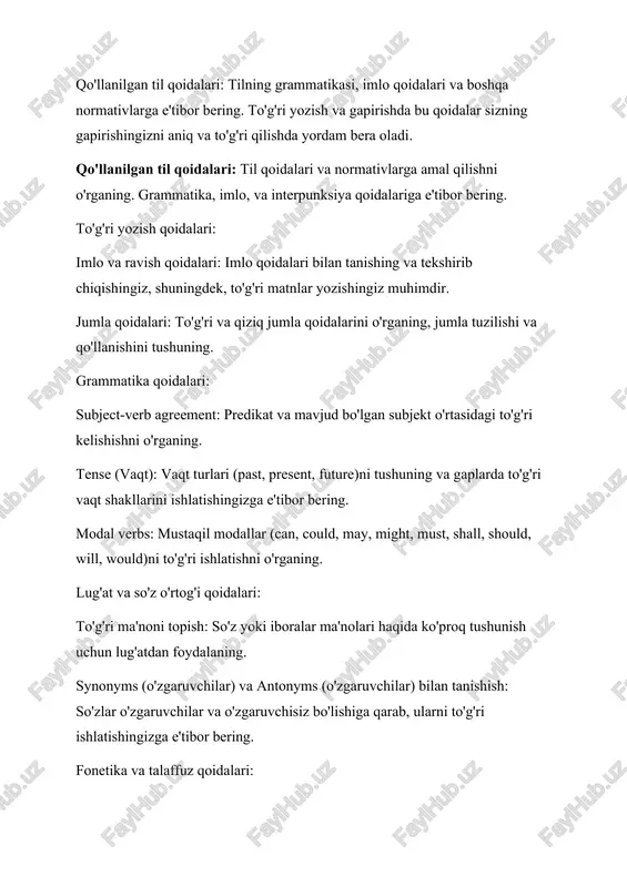 lar) bilan tanishish: so'zlar o'zgaruvchilar va o'zgaruvchisiz bo'lishiga qarab, ularni to'g'ri ishlatishingizga e'tibor bering. fonetika va talaffuz qoidalari: so'zlar va gaplar talaffuzini o'rganing. o'zbek tilida va boshqa tillarda to'g'ri talaffuz qilish uchun shu qoidalar muhimdir. til so'roq qoidalari: qo'shimcha ma'lumot olish: savollarga javob bera olish va savollar so'roq qilish orqali yangi so'zlar va ifodalar o'rganishingizga yordam bering. shaxsiy yozish uslublari: shaxsiy yozish uslubini rivojlantiring va o'zingizni ifodalashda ishlatish uchun o'zga o'z xususiyatlaringizni keltiring. tilni to'g'ri o'rganish va ishlatishda, qo'llanilgan til qoidalari bilan tanishingiz muhimdir. amaliyotda qo'llanish orqali, tilni o'rganish va unga o'zgartishlar kiritish mumkin. xalqaro normativlar: agar gapiringizni ko'p kishi tinglashi mumkin bo'lsa, xalqaro til qoidalari va uslublarga e'tibor bering. xalqaro til normativlari: iso 639: bu standart, har bir tiling bir nechta til kodi orqali ta'riflaydi. iso 3166: mamlakatlarni ifodalovchi kodi orqali tilni aniqlash uchun standart. o'zbek tiliga oid normativlar: "o'zbek tili. imlolik qoidalari": o'zbek tili so'z va matnlarini to'g'ri …