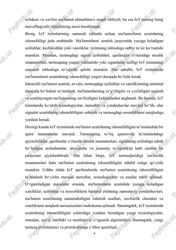ar – sensorlardan olingan ma'lumotlarga asoslanib harakatlarni boshqarish uchun ishlatiladi. masalan, o‘rnatilgan ventilyatorni yoqish yoki o‘chirish, signallarni yuborish va boshqa qurilmalarni boshqarish. · kommunikatsiya tarmoqlari – iot qurilmalari o‘rtasida ma'lumotlarni uzatish uchun tarmoq infrastrukturasi zarur. bu tarmoqlar wi-fi, bluetooth, zigbee, lora, nb-iot, 5g va boshqa aloqalar bo‘lishi mumkin. ular ma'lumotlarni xavfsiz va tez uzatishga yordam beradi. · ma'lumotlarni qayta ishlash va saqlash tizimlari – iot tizimlarida yig‘ilgan ma'lumotlarni qayta ishlash, tahlil qilish va saqlash uchun serverlar, bulutli platformalar, ma'lumotlar bazalari va boshqalar ishlatiladi. bu tizimlar ma'lumotlarni optimallashtirish, ma'lumotlar bazasini yangilash va prognozlash jarayonlarini ta’minlaydi. · foydalanuvchi interfeysi (ui) – iot tizimlarida foydalanuvchilar bilan muloqot qilish uchun mobil ilovalar, veb ilovalar yoki aqlli ekranlar orqali tizimni boshqarish imkoniyati yaratiladi. iot tizimlarining ishlash prinsiplari iot tizimlarining ishlash prinsipi juda oddiy va quyidagi bosqichlardan iborat: · ma'lumot yig‘ish – iot tizimi sensorlar va boshqa qurilmalar orqali atrof-muhitdan yoki tizimdan ma'lumotlarni yig‘adi. bu ma'lumotlar …