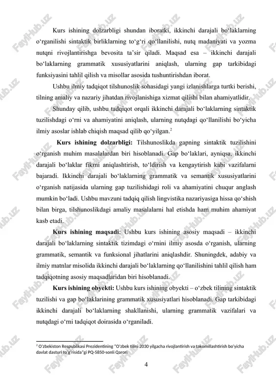 i quyidagilardan iborat: · gap bo‘laklari va ularning tasnifi haqida nazariy ma’lumot berish; · ikkinchi darajali bo‘laklarning turlari va ularning o‘ziga xos grammatik xususiyatlarini tahlil qilish; · aniqlovchi, to‘ldiruvchi va hol bo‘laklarining sintaktik tuzilishdagi o‘rnini aniqlash; · ikkinchi darajali bo‘laklarning adabiy va ilmiy matnlardagi qo‘llanilishini tahlil qilish; · olingan natijalarga asoslanib, mavzu bo‘yicha umumiy xulosalar chiqarish va ilmiy tavsiyalar berish. kurs ishining nazariy ahamiyati: mazkur tadqiqot natijalari o‘zbek tilshunosligida gap bo‘laklari, ayniqsa, ikkinchi darajali bo‘laklarning sintaktik tizimdagi o‘rnini chuqurroq o‘rganishga yordam beradi. ishda keltirilgan nazariy ma’lumotlar tilshunoslik bo‘yicha olib boriladigan keyingi tadqiqotlar uchun muhim manba bo‘lib xizmat qilishi mumkin. shuningdek, ushbu ilmiy ish tilshunoslik nazariyasi va sintaksis bo‘yicha darsliklar, o‘quv qo‘llanmalarini boyitish uchun ham foydali bo‘lishi mumkin. kurs ishining tuzilmasi: tadqiqot quyidagi bo‘limlardan iborat: ikki bob , 6 ta bo‘lim , xulosa , foydalanilgan adabiyotlar va foydalanilgan saytlardan iborat. i bob. gap bo‘laklari haqida umumiy tushuncha 1.1. gap bo‘laklarining turlari …