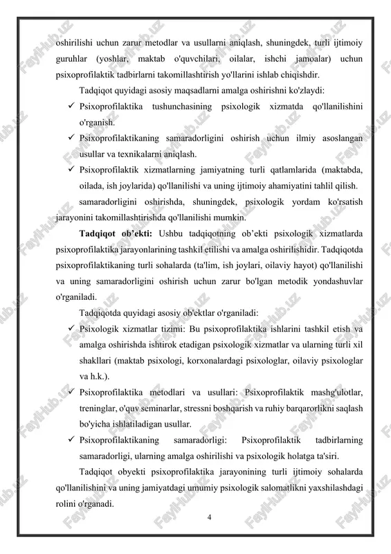 azi: ushbu tadqiqotda quyidagi ilmiy faraz ilgari suriladi: · psixoprofilaktik tadbirlar samaradorligini oshirish uchun ilmiy asoslangan metodlar va usullarni joriy etish psixologik xizmatlarning samaradorligini yaxshilaydi. bu farazga ko'ra, psixoprofilaktik yondashuvlarning har xil sohalarda (maktabda, ish joylarida, oilalarda) samarali qo'llanilishi, psixologik yordamning samaradorligini oshiradi va ruhiy salomatlikni mustahkamlashda muhim rol o'ynaydi. · psixoprofilaktik xizmatlar turli ijtimoiy guruhlar, xususan, o'quvchilar va ishchilar orasida ruhiy salomatlikni mustahkamlashga qaratilgan tadbirlarni o'z ichiga olsa, umumiy psixologik barqarorlikka olib keladi. bu faraz asosida psixoprofilaktikaning maktabda, oilada va ish joylarida qo'llanilishi ijtimoiy guruhlarning ruhiy barqarorligini ta'minlaydi va ijtimoiy muammolarni kamaytiradi.[footnoteref:2] [2: https://www.psychologytoday.com ] tadqiqot vazifalari: ushbu tadqiqotni amalga oshirish jarayonida quyidagi asosiy vazifalar belgilanadi: · psixoprofilaktika tushunchasini aniqlash: psixoprofilaktika kontseptsiyasini o'rganish va uning psixologik xizmatlarda qo'llanilishiga oid ilmiy adabiyotlar va amaliy tajribalarni tahlil qilish. · psixoprofilaktika jarayonlarini tashkil etish va amalga oshirish usullarini o'rganish: psixoprofilaktik tadbirlarni to'g'ri tashkil etish va amalga oshirish jarayonlarini o'rganish, shuningdek, samarali psixoprofilaktik …
