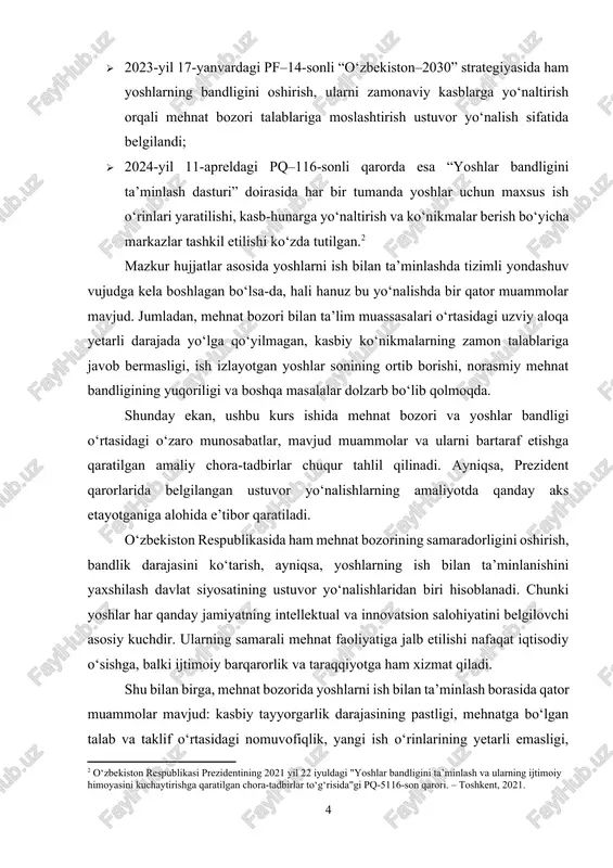 hiqiladi. kurs ishining dolzarbligi: yoshlarni ish bilan ta’minlash masalasi bugungi kunda nafaqat o‘zbekiston, balki ko‘plab mamlakatlar uchun dolzarb bo‘lib qolmoqda. aholining asosiy qismini tashkil etuvchi yoshlarga barqaror ish o‘rinlarini yaratish, ularni mehnat bozoriga muvaffaqiyatli kirib borishini ta’minlash mamlakat taraqqiyoti va ijtimoiy barqarorligining muhim omili hisoblanadi. o‘zbekiston respublikasida yoshlar bandligini oshirishga qaratilgan islohotlar amalga oshirilayotgan bo‘lsa-da, hali-hanuz ayrim muammolar, xususan, malakali ish o‘rinlarining yetishmasligi, kasb-hunar va ta’lim muassasalari bilan mehnat bozori o‘rtasidagi nomuvofiqlik, migratsion oqimlar kabi muammolar saqlanib qolmoqda. shu sababli mazkur mavzuni o‘rganish va tahlil qilish bugungi kun sharoitida nihoyatda dolzarbdir. kurs ishining maqsadi: mazkur kurs ishining asosiy maqsadi — o‘zbekiston mehnat bozorida yoshlarni ish bilan ta’minlash holatini o‘rganish, mavjud muammolarni aniqlash va ularni bartaraf etishga qaratilgan taklif va tavsiyalar ishlab chiqishdan iborat. kurs ishining vazifasi: kurs ishining maqsadidan kelib chiqqan holda quyidagi vazifalar belgilangan: · mehnat bozori tushunchasi va uning asosiy xususiyatlarini nazariy jihatdan o‘rganish; · yoshlarning mehnat bozoridagi …