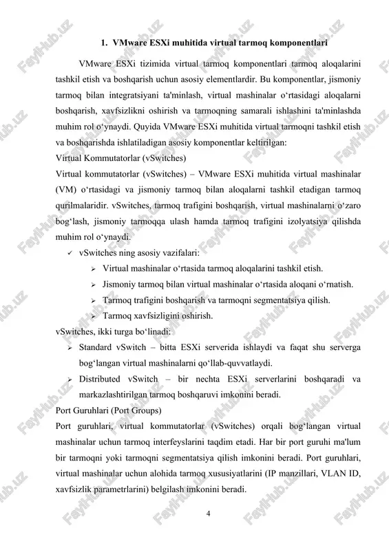 urslarni optimallashtirish uchun sozlash imkonini beradi. tarmoq trafikini boshqarish, jumladan, tarmoq trafigi prioritizatsiyasi, trafigi filtratsiyasi, tarmoq resurslarini taqsimlash, qos (quality of service) funksiyalari kabi imkoniyatlar mavjud. · tarmoq trafigini boshqarishning asosiy metodlari: · traffic shaping: tarmoqning trafigini sozlash va resurslardan foydalanishni optimallashtirish. · load balancing: tarmoq trafigini bir nechta portlar o‘rtasida taqsimlash. vsphere distributed switch (vds) vsphere distributed switch, bir nechta esxi hostlari o‘rtasida tarmoq konfiguratsiyasini markazlashgan holda boshqarish imkonini beradi. bu, tizim administratorlariga tarmoqni markazlashtirish, boshqarishni soddalashtirish va tarmoq konfiguratsiyalarini yanada samarali boshqarish imkoniyatlarini taqdim etadi. · vds ning afzalliklari: · bir nechta esxi hostlari uchun markazlashtirilgan tarmoq boshqaruvi. · tarmoqning kengayishi va boshqarilishi jarayonini soddalashtiradi. · ko‘p tarmoqlarni va virtual mashinalarni yagona kommutator orqali boshqarish. vmware esxi tizimida virtual tarmoq komponentlari – vswitches, port guruhlari, vlanlar va vmkernel adapterlari tarmoqni boshqarish va samarali ishlashini ta'minlaydi. har bir komponent o‘zining maxsus vazifasini bajarib, tarmoq aloqalarini tashkil etadi, xavfsizlikni oshiradi …