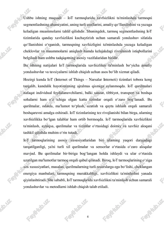 lumotlar: iot qurilmalari ma'lumotlarni o‘zgartirish va tahlil qilish uchun aniq algoritmlar va mexanizmlardan foydalanadi. biroq, ba'zan bu ma'lumotlar aniq bo‘lmasligi yoki noaniqliklarni keltirib chiqarishi mumkin.  cheklangan resurslar: iot qurilmalari, ko‘pincha, cheklangan energiya manbalari, xotira va hisoblash quvvatiga ega. bu tizimlarni samarali ishlatish uchun energiya va resurslarni boshqarish juda muhim hisoblanadi. iot tarmoqlaridagi xavfsizlik muammolari iot tizimlarining kengayishi bilan birga, xavfsizlik masalalari ham sezilarli darajada murakkablashdi. iot tarmoqlari har doim doimiy ravishda yangi qurilmalar bilan 6 kengayib bormoqda, bu esa tarmoqning xavfsizligini ta'minlashda muammolarni keltirib chiqaradi. quyidagi xavfsizlik muammolari iot tizimlarida tez-tez uchraydi:  ma'lumotlarning maxfiyligi: iot qurilmalarida uzatilgan ma'lumotlar maxfiy bo‘lishi kerak, chunki bu ma'lumotlar ko‘pincha shaxsiy yoki korporativ muhim axborotlarni o‘z ichiga oladi. agar ma'lumotlar to‘g‘ri himoyalanmasa, ularni o‘g‘irlash yoki manipulyatsiya qilish xavfi mavjud.  tarmoqdagi hujumlar: iot tizimlarida, ayniqsa, ular to‘liq tarmoqga ulangan bo‘lsa, turli xil hujumlar, masalan, ddos (distributed denial of service) hujumlari, tarmoqni ishdan chiqarish …
