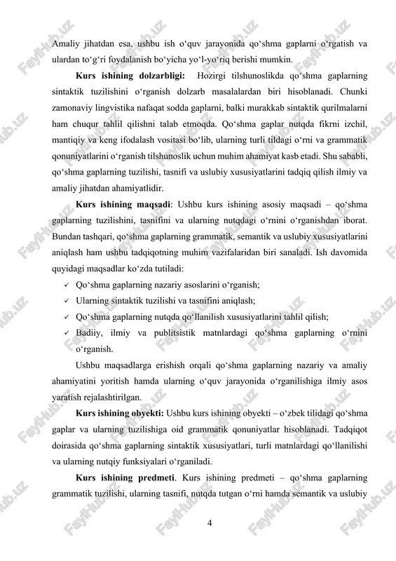 tik va rasmiy uslublarda qo‘shma gaplarning ishlatilishiga doir misollar keltirish va ularni tahlil qilish; · qo‘shma gaplarning o‘quv jarayonida o‘rganilish jarayonini o‘rganish va ta’lim jarayonida ularni samarali o‘rgatish usullarini aniqlash. kurs ishining nazariy ahamiyati: ushbu tadqiqot qo‘shma gaplarning nazariy jihatlarini o‘rganish, ularning grammatik va semantik xususiyatlarini tahlil qilishga hissa qo‘shadi. tadqiqot natijalari tilshunoslik sohasida qo‘shma gaplarning sintaktik va uslubiy tahlilini chuqurlashtirishga, turli adabiy va ilmiy matnlarda ularning ishlatilishini tushunishga yordam beradi. bundan tashqari, o‘quv jarayonida qo‘shma gaplarni o‘rgatish bo‘yicha ilmiy asos yaratishga xizmat qiladi.[footnoteref:2] [2: o‘zbekiston respublikasi prezidentining 2021-yil 6-apreldagi pq-5147-sonli qarori. o‘zbekiston respublikasida yangi o‘zbek alifbosining joriy etilishi va uning asosida ta’lim, ilm-fan va madaniyat sohalarida amalga oshiriladigan tadbirlar. toshkent: o‘zbekiston respublikasi prezidentining qarori, 2021. – 55-70 betlar. ] kurs ishining tuzilmasi: tadqiqot quyidagi bo‘limlardan iborat: ikki bob , 6 ta bo‘lim , xulosa , foydalanilgan adabiyotlar va foydalanilgan saytlardan iborat. i bob. qo‘shma gap tushunchasi va uning umumiy …