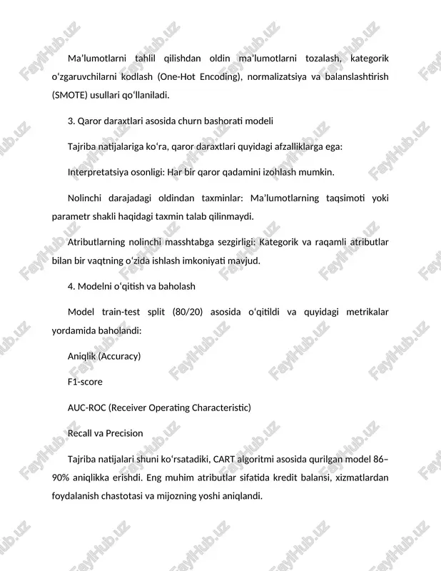 i nafaqat matematik jihatdan samarali, balki izohlanish qulayligi tufayli biznes foydalanuvchilar uchun ham tushunarli. shu bilan birga, uni ansambl modellari bilan birlashtirish orqali bashorat aniqligini yanada oshirish mumkin. xulosa tadqiqot natijalariga ko‘ra, qaror daraxtlari bank mijozlarining chiqib ketishini bashoratlashda samarali, izohlanadigan va amaliy jihatdan qulay vosita ekanligi isbotlandi. ushbu yondashuv bank tizimida risklarni boshqarish, mijozni saqlab qolish va foydalilikni optimallashtirish yo‘nalishlarida muhim o‘rin tutadi. kelgusida bu yondashuvni random forest, xgboost va automl tizimlari bilan integratsiyalash orqali yuqori darajadagi intellektual qarorlarni qo‘llab-quvvatlovchi tizimlarga asos sifatida rivojlantirish mumkin. foydalanilgan adabiyotlar ro‘yxati 1. quinlan, j. r. (1986). induction of decision trees. machine learning, 1(1), 81–106. 2. breiman, l., friedman, j., olshen, r., & stone, c. (1984). classification and regression trees. wadsworth & brooks/cole. 3. han, j., kamber, m., & pei, j. (2022). data mining: concepts and techniques. morgan kaufmann. 4. kotu, v., & deshpande, b. (2019). predictive analytics and data mining: concepts and …