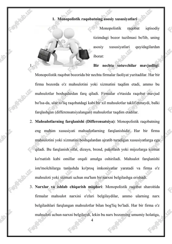 sifati farqlanishi tufayli, iste'molchilarga ko'proq tanlovlar mavjud bo'ladi. biroq, ba'zan mahsulotlarning yuqori narxi iste'molchilar uchun moliyaviy yuk bo'lishi mumkin. 3. innovatsiyalar va mahsulot diversifikatsiyasi · monopolistik raqobat bozorida firmalar mahsulotlarini farqlash orqali raqobatlashishga harakat qiladilar. bu farqlashish innovatsiyalarni rag'batlantiradi, chunki firmalar yangi va yaxshilangan mahsulotlar taqdim etishga intiladilar. innovatsiyalar, ayniqsa, texnologiya va xizmatlar sohasida, mahsulotlarning diversifikatsiyasi va sifatining yaxshilanishiga olib keladi. bu esa iste'molchilarga yangi va sifatli mahsulotlar tanlash imkonini beradi. 4. iste'molchilarga ta'siri · monopolistik raqobatning iste'molchilarga ta'siri ko'proq tanlov va diversifikatsiyani yaratadi. har bir firma o'z mahsulotini boshqalardan farqlashga intiladi, bu esa iste'molchilarga o'z ehtiyojlariga mos keladigan mahsulotlarni tanlashda yordam beradi. biroq, bu tanlovning ko'pligi ba'zan iste'molchilarni chalg'itishi va ularga qaror qabul qilishni qiyinlashtirishi mumkin. shuningdek, yuqori narxlar ba'zi iste'molchilar uchun arzon mahsulotlarni tanlashni qiyinlashtirishi mumkin. 5. bozorning to'yinganligi va yangi firmalarning kirishi · monopolistik raqobat bozorida yangi firmalar kirishi oson, chunki mahsulot farqlanishi orqali ular o'z bozor …
