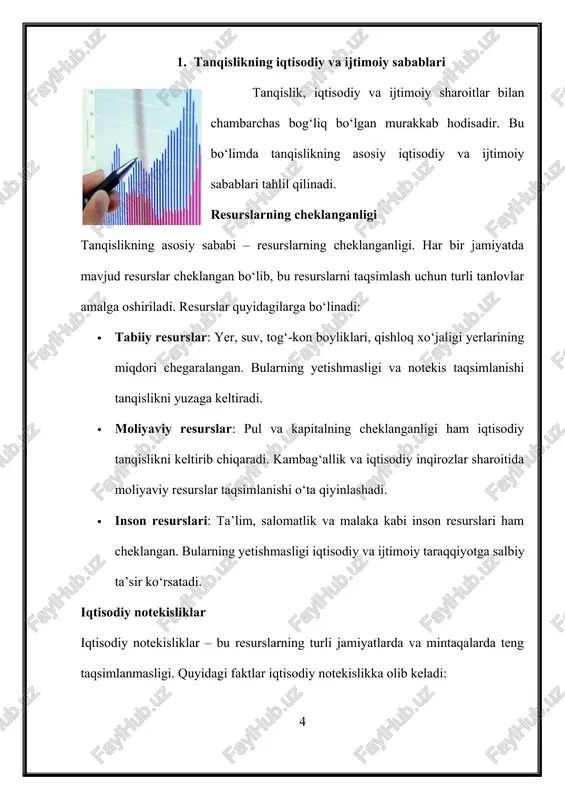 yuksak zarar ko‘radi. tabiiy ofatlar, masalan, zilzilalar, to‘fonlar, qurg‘oqchilik va boshqa tabiiy falokatlar, resurslarning yo‘qolishiga yoki kamayishiga olib kelishi mumkin. bu holat iqtisodiy va ijtimoiy tanqislikni kuchaytiradi, chunki ularning ta'siri butun jamiyatni qamrab oladi. tanqislikning iqtisodiy va ijtimoiy sabablari o‘rtasida chuqur bog‘liqlik mavjud. resurslarning cheklanganligi, iqtisodiy notekisliklar, ijtimoiy tengsizliklar, siyosiy va ijtimoiy tizimdagi o‘zgarishlar, tabiiy ofatlar – bularning barchasi tanqislikni keltirib chiqaradigan omillardir. tanqislikning sabablari aniq tahlil qilinsa, uning ta’sirlarini engillashtirish va ijtimoiy adolatni ta'minlash uchun samarali strategiyalar ishlab chiqish mumkin. 2. tanlovning psixologik va ijtimoiy o‘lchamlari tanlov qilish jarayoni nafaqat iqtisodiy yoki texnik muammolarni hal qilishda, balki shaxsiy va ijtimoiy omillarni hisobga olishda ham katta ahamiyatga ega. tanlovning psixologik va ijtimoiy o‘lchamlari jamiyatda insonlar o‘rtasidagi munosabatlar va qarorlar qabul qilish jarayoniga ta’sir ko‘rsatadi. ushbu bo‘limda tanlovning psixologik va ijtimoiy aspektlari chuqur tahlil qilinadi. tanlovning psixologik ta'siri tanlovning psixologik jihatlari odamlarning qarorlar qabul qilishda qanday psixologik holatlarni boshdan kechirishini va …