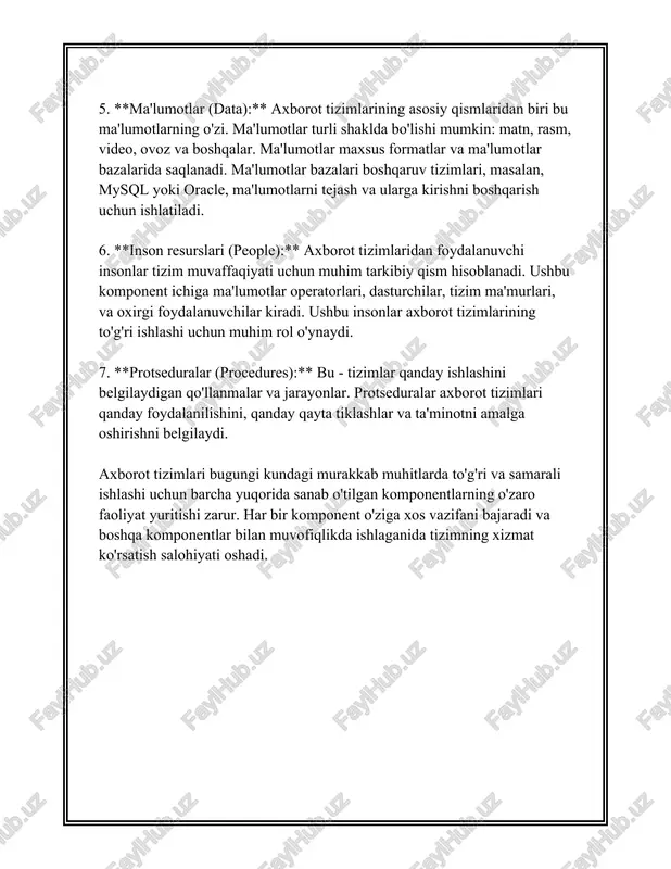 arishlar olib kirdi. raqamlar orqali misollar keltirsak: - 2021 yilda dunyo bo‘ylab yuklab olingan mobil ilovalar soni 218 milliardga yetdi. bu raqam mobil dasturiy ta'minotning jadal rivojlanayotganligi va uning ahamiyatini ko'rsatadi. - microsoft korporatsiyasining office 365 xizmatidan foydalanuvchilar soni 2021 yilga kelib 300 milliondan oshdi, bu esa ofis dasturlarining jahon bozorida qanday muhim o‘rin tutishini ko’rsatadi. umuman olganda, dasturiy ta'minot bugungi kunda barcha sohalarda ish jarayonlarini samarali tashkil etish, ma'lumotlarni boshqarish va tahlil qilish, innovatsiyalarni joriy etish va iqtisodiy o'sishni ta'minlash uchun juda muhim resurs hisoblanadi. dasturiy ta'minot, shuningdek, raqamli transformatsiyaning asosiy elementlaridan biri bo'lib, u bizning hayotimizda tobora ko'proq ahamiyat kasb etmoqda. 3. ma'lumotlar bazasi boshqaruv tizimlari ma'lumotlar bazasi boshqaruv tizimlari (mbbt) haqida ma'lumot ma'lumotlar bazasi boshqaruv tizimlari (mbbt) - bu ma'lumotlar bazalarini yaratish, boshqarish va ulardan foydalanishni ta'minlaydigan dasturiy ta'minot tizimlari. ma'lumotlar bazasi - bu ma'lumotlarni samarali saqlash, qidirish va boshqarish uchun tashkil etilgan tuzilma. mbbt'lar turli xil …