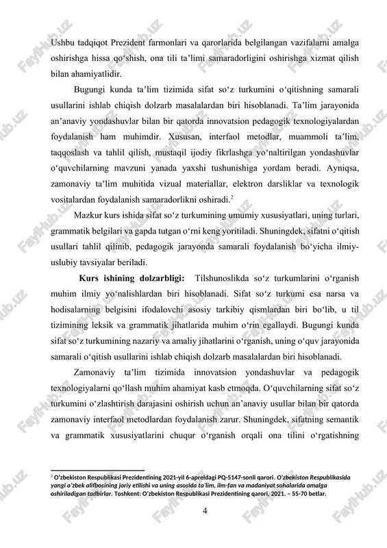 ini oshirish mumkin. shu bois, mazkur kurs ishi mavzusi nazariy va amaliy jihatdan dolzarbdir. kurs ishining maqsadi: mazkur kurs ishining asosiy maqsadi – sifat soʻz turkumining leksik-semantik va grammatik xususiyatlarini tahlil qilish, uning oʻqitish usullarini aniqlash hamda pedagogik jarayonda samarali qo‘llash yo‘llarini ishlab chiqishdan iborat. ushbu maqsadga erishish uchun quyidagi vazifalar belgilangan: · sifat soʻz turkumining nazariy asoslarini oʻrganish; · sifatning leksik-semantik va grammatik xususiyatlarini tahlil qilish; · sifatlarning maʼno jihatidan turlari va grammatik belgilari bilan tanishish; · sifat soʻz turkumining gapdagi vazifasini aniqlash; mazkur kurs ishi natijalari tilshunoslik va taʼlim metodikasi sohasida muhim ilmiy va amaliy ahamiyat kasb etib, o‘qituvchilar hamda tadqiqotchilar uchun foydali material boʻlishi mumkin. kurs ishining obyekti: mazkur kurs ishining obyekti sifat soʻz turkumi va uning oʻzbek tilidagi grammatik, leksik-semantik xususiyatlari hamda oʻquv jarayonida uni oʻqitish usullari hisoblanadi. kurs ishining predmeti: kurs ishining predmeti sifat soʻz turkumining nazariy va amaliy jihatlari, uning tasniflanishi, gapda tutgan oʻrni …