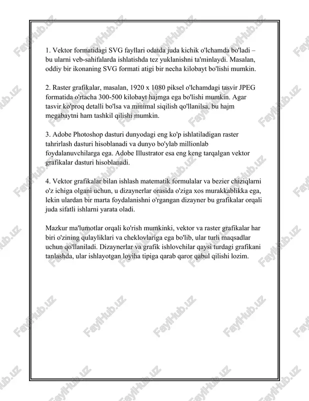 atga ega. ular bir nechta transformatsiyalar ketma-ket qo'llanib murakkab o'zgarishlarni aynan ko'rsatishga imkon beradi. ham tasvirni qayta ishlov berishda, ham 3d modellarda geometrik transformatsiyalar ishlatiladi. har bir transformatsiya turli matritsa orqali ifodalanishi sababli, ularning kompyuter grafikasida qo'llanishi osonlashadi. odatda kompilyatsiyada bir nechta matritsani bir-biriga ko'paytirib, ko'p transformatsiyani ketma-ket amalga oshirish mumkin. bu, ob’ektlarni manipulyatsiya qilishda yanada qo’shimcha qulayliklar taqdim etadi. umuman olganda, geometrik transformatsiyalar geometriya va grafikada ko'p maqsad uchun ishlatiladi va ular o'rganilishi muhim bo'lgan mavzudir. 3. matritsali transformatsiya matrisa transformatsiyasi matematikada va kompyuter fanlarida, xususan, hisob-kitob va geometriya sohalarida keng qo'llaniladigan mavzulardan biridir. matritsalar - o'lchovli sonlar to'plami, bu sonlar matn yoki boshqa o'lchovlarni ifodalashda foydalaniladi. ular, asosan, ikki o'lchovli massiv sifatida qaraladi, bunda sonlar qator va ustunlar bo'ylab joylashtirilgan. 1. **matritsa tushunchasi**: kengaytirilgan matritsalar sistemindagi asosiy komponent bo'lib, ularning har biri qator va ustunlardan iborat. agar matritsa `m` qatorli va `n` ustunli bo'lsa, uni `m x n` …