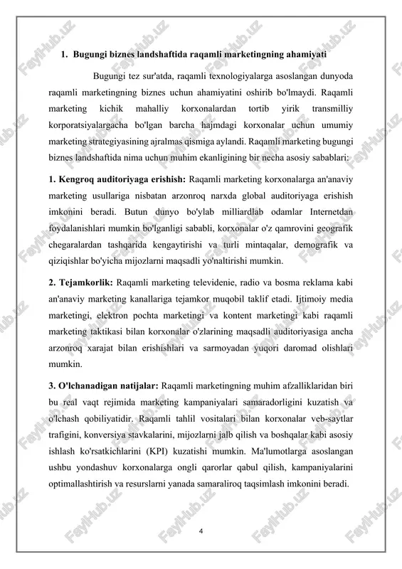 ltirish imkonini beradi. demografik maqsadlilik, xulq-atvorni yo'naltirish va retargeting kabi usullar orqali korxonalar o'z auditoriyalariga moslashtirilgan va tegishli kontentni yetkazib berishlari mumkin, bu esa konvertatsiya qilish va mijozlarni ushlab qolish ehtimolini oshiradi. 5. moslashuvchanlik va moslashuvchanlik: raqamli landshaft doimiy ravishda rivojlanib boradi, yangi texnologiyalar, platformalar va tendentsiyalar muntazam ravishda paydo bo'ladi. raqamli marketing korxonalarga ushbu o'zgarishlarga tezda moslashish, turli strategiyalar bilan tajriba o'tkazish va ishlash va bozordagi fikr-mulohazalar asosida yondashuvlarini takomillashtirish uchun moslashuvchanlikni beradi. 6. mijozlarni jalb qilishni kuchaytirish: ijtimoiy tarmoqlar, bloglar va elektron pochta kabi raqamli marketing kanallari korxonalar uchun o'z mijozlari bilan bevosita muloqot qilish uchun platformalarni taklif qiladi. qimmatbaho kontentni yaratish va baham ko'rish, mijozlar so'rovlari va fikr-mulohazalariga javob berish va o'z brendi atrofida hamjamiyatni rivojlantirish orqali korxonalar o'z mijozlari bilan mustahkam aloqalar o'rnatishi va brendga sodiqlikni oshirishi mumkin. 7. raqobat ustunligi: raqobatbardosh bozorda kuchli raqamli ishtirok va samarali raqamli marketing strategiyalariga ega bo'lish korxonalarga raqobatchilardan sezilarli …