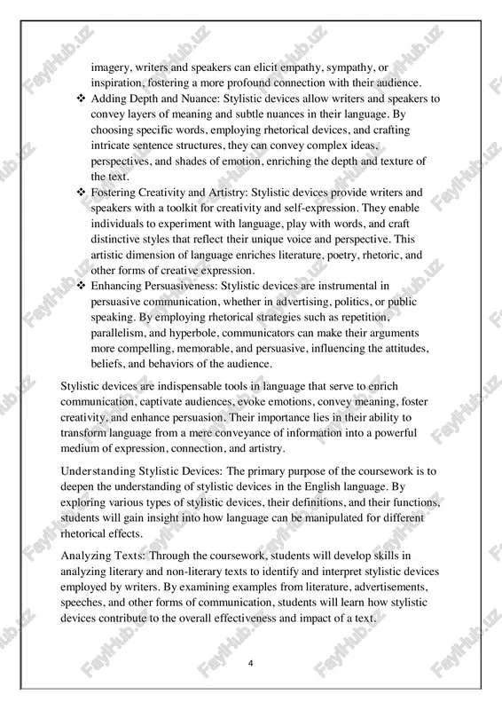 istic devices in the english language. by exploring various types of stylistic devices, their definitions, and their functions, students will gain insight into how language can be manipulated for different rhetorical effects. analyzing texts: through the coursework, students will develop skills in analyzing literary and non-literary texts to identify and interpret stylistic devices employed by writers. by examining examples from literature, advertisements, speeches, and other forms of communication, students will learn how stylistic devices contribute to the overall effectiveness and impact of a text. 5 appreciating aesthetic and creative dimensions: another purpose of the coursework is to cultivate an appreciation for the aesthetic and creative dimensions of language. by studying the artful use of stylistic devices, students will gain an understanding of how language can be crafted to evoke emotions, create imagery, and engage the imagination, enriching their experience of literature and other forms of artistic expression. developing critical thinking …