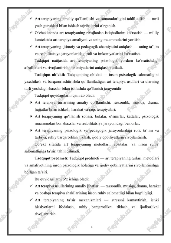 vojlanishiga bo‘lgan ta’sirini chuqur tahlil qilish kutiladi. tadqiqotning ilmiy farazi: agar art terapiya inson psixologik salomatligini saqlash va rivojlantirishda tizimli va metodik tarzda qo‘llanilsa, u: · shaxsning stress va salbiy hissiyotlarni boshqarish qobiliyatini oshiradi. · ichki hissiyotlarni ifodalash va qabul qilishga ko‘maklashadi, bu esa ruhiy barqarorlikka olib keladi. · ijodkorlik va o‘zini anglash jarayonlarini faollashtiradi, bu orqali shaxsning o‘ziga bo‘lgan ishonchi va motivatsiyasi kuchayadi. · reabilitatsiya va tiklanish jarayonlarini tezlashtiradi, ayniqsa, bolalar, o‘smirlar va travma boshdan kechirgan shaxslar uchun. ushbu faraz art terapiyaning turlari va usullari tizimli qo‘llanilganda, uning samaradorligini ilmiy asosda tasdiqlash imkonini beradi.[footnoteref:2] [2: abdukarimov, i. (2019). psixologik yordam va art terapiya metodlari. toshkent: sharq. ] tadqiqot vazifalari: tadqiqotning asosiy vazifalari quyidagilardan iborat: · art terapiyaning nazariy asoslarini o‘rganish: · art terapiyaning kelib chiqishi, mohiyati va rivojlanish bosqichlarini tahlil qilish. · art terapiyaning psixologiya va pedagogika fanlaridagi o‘rnini aniqlash. · art terapiya turlarini tavsiflash: · rassomlik, musiqa, drama, …