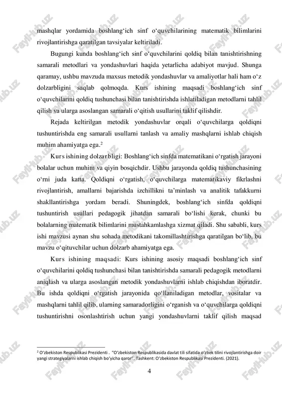 qo‘llaniladigan didaktik vositalar, metodlar, mashqlar va o‘qitish usullaridir. shuningdek, o‘quvchilarning qoldiqni tushunish darajasini oshirish va ularni mustaqil ishlashga yo‘naltirishga qaratilgan pedagogik yondashuvlar ham kurs ishining predmetiga kiradi. kurs ishining vazifalari: ushbu kurs ishining asosiy vazifalari quyidagilardan iborat:  boshlang‘ich sinf o‘quvchilarini qoldiq tushunchasi bilan tanishtirishda qo‘llaniladigan samarali metodlarni aniqlash.  qoldiqni o‘rgatish jarayonida ishlatiladigan didaktik vositalar va metodlarni tahlil qilish.  o‘quvchilarni qoldiq bilan ishlashga o‘rgatishda ko‘rgazmali vositalar va mashqlarni ishlab chiqish.  boshlang‘ich sinfda qoldiqni o‘rgatishda metodik yondashuvlarning samaradorligini baholash.  o‘quvchilarning qoldiqni tushunish darajasini oshirish uchun tavsiyalar ishlab chiqish. kurs ishining nazariy ahamiyati: kurs ishining nazariy ahamiyati boshlang‘ich sinf o‘quvchilarini qoldiq tushunchasi bilan tanishtirish metodikasini chuqur tahlil qilishda va bu jarayonda ishlatiladigan metodlar va texnikalarni aniq belgilashda namoyon bo‘ladi. ushbu ish matematikani o‘rgatishning samarali metodologiyasini ishlab chiqishga xizmat qiladi va boshlang‘ich sinf 6 o‘quvchilarining matematik bilimlarini rivojlantirishda yangi yondashuvlarni taklif qiladi. shuningdek, bu ish psixologik va pedagogik jihatdan …