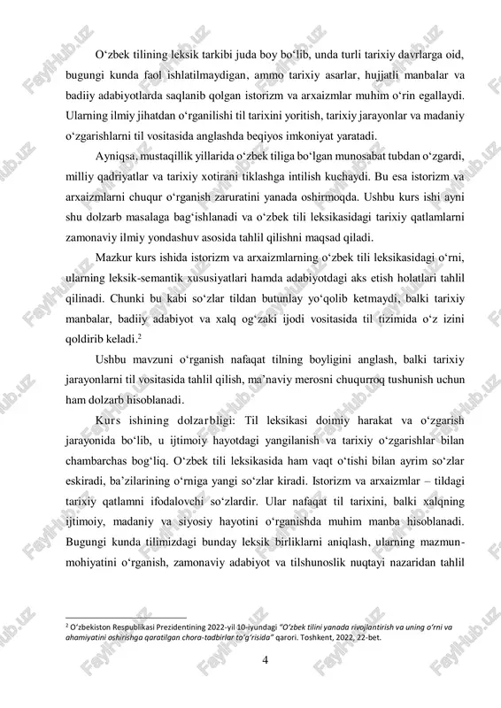 o‘rganish, ularning o‘zaro farqi, qo‘llanilish sohasi va badiiy adabiyotdagi aks etish holatlarini tahlil qilishdan iborat. kurs ishining obyekti: o‘zbek tili leksikasi, xususan, undagi tarixiy va eskirgan so‘zlar – istorizm va arxaizmlar. kurs ishining predmeti: istorizm va arxaizmlarning leksik-semantik xususiyatlari, ularning qo‘llanish doirasi hamda badiiy adabiyotdagi ifodaviy imkoniyatlari. kurs ishining vazifalari: kurs ishining maqsadidan kelib chiqib, quyidagi vazifalar belgilandi:  o‘zbek tili leksikasida istorizm va arxaizmlarning o‘rnini aniqlash;  istorizm va arxaizmlarning leksik-semantik xususiyatlarini tahlil qilish;  ularning o‘zaro farqlari va umumiy jihatlarini ko‘rsatish;  tarixiy va zamonaviy adabiyotlarda uchraydigan istorizm va arxaizmlarni misollar asosida tahlil qilish;  ushbu so‘zlarning madaniy-tarixiy ahamiyatini ochib berish. kurs ishining nazariy ahamiyati: mazkur kurs ishining nazariy ahamiyati shundaki, u o‘zbek tilidagi tarixiy va eskirgan so‘zlarni lingvistik jihatdan o‘rganish orqali leksik qatlamlarning shakllanishini, tilning rivojlanish tarixini va madaniy merosni chuqurroq tushunishga yordam beradi. tadqiqot natijalari tilshunoslikka oid keyingi ilmiy ishlarda, shuningdek, tarixiy va badiiy matnlarni tahlil …