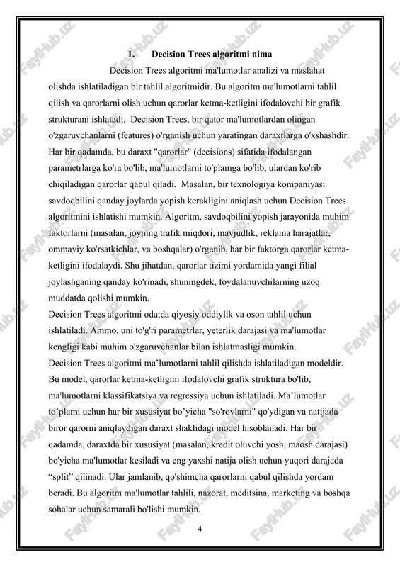 i kompensatsiya qiladi va natijada ko'p to'g'ri javoblar olishga imkoniyat yaratadi. ushbu algoritm ko'p sonli modellar jamlanmasi sifatida ishlaydi, shuningdek, uning boshqa algoritm modelidan farqli ravishda o'zgaruvchanlik va overfitting (o'rganish kuchini aynan ma'lumotlarga moslash) muammolariga qarshi o'zining integratsiya usullari bor. random forests, sinash, klassifikatsiya, regressiya va ma'lumotlar tahlili kabi turli sohalarda muvaffaqiyatli ishlay oladi. 3. decision trees va random forests algoritmlari orasidagi asosiy farqi asosiy farqlar: modellar strukturasi: decision trees algoritmi odatda yolg'iz daraxt shaklida ishlaydi. har bir qadamda bir xususiyat bo'yicha ma'lumotlarni kesib olish va qarorni aniqlash uchun tushunarli daraxt shakli ishlatiladi. random forests esa ko'p sonli decision trees modellarining jamlanmasi hisoblanadi. har bir modell o'zgaruvchan ma'lumotlar to'plami (bootstrap sampling) bilan o'rganiladi va keyinchalik natijalarning o'rtacha qiymati hisoblanadi. o'zgaruvchanlik va to'g'ri natijalar: decision trees algoritmi o'zgaruvchan ma'lumotlarni yaxshiroq tushunishiga yordam beradi, ammo bu modellar odatda o'zgaruvchanlik va to'g'ri natijalarni ta'minlashda chegaralar bo'lishi mumkin. random forests esa ko'p sonli modellarining …