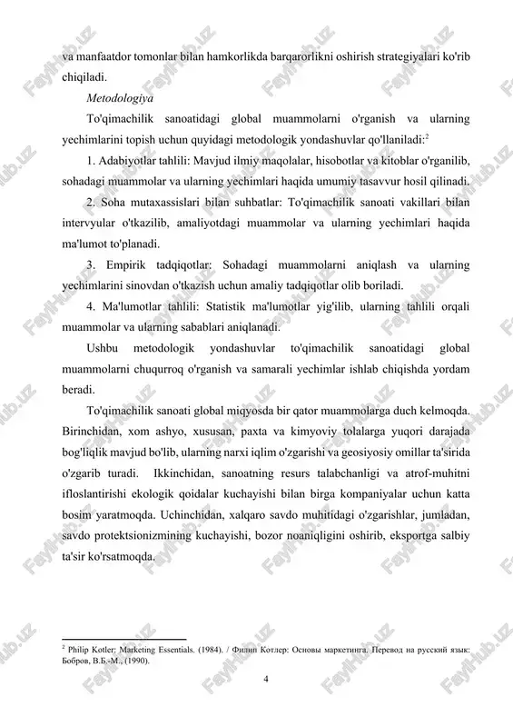 qali muammolar va ularning sabablari aniqlanadi. ushbu metodologik yondashuvlar to'qimachilik sanoatidagi global muammolarni chuqurroq o'rganish va samarali yechimlar ishlab chiqishda yordam beradi. to'qimachilik sanoati global miqyosda bir qator muammolarga duch kelmoqda. birinchidan, xom ashyo, xususan, paxta va kimyoviy tolalarga yuqori darajada bog'liqlik mavjud bo'lib, ularning narxi iqlim o'zgarishi va geosiyosiy omillar ta'sirida o'zgarib turadi. ikkinchidan, sanoatning resurs talabchanligi va atrof-muhitni ifloslantirishi ekologik qoidalar kuchayishi bilan birga kompaniyalar uchun katta bosim yaratmoqda. uchinchidan, xalqaro savdo muhitidagi o'zgarishlar, jumladan, savdo protektsionizmining kuchayishi, bozor noaniqligini oshirib, eksportga salbiy ta'sir ko'rsatmoqda. 2-rasm. to‘qimachilik mahsulotlari ishlab chiqarish sanoati bundan tashqari, ishlab chiqarish jarayonlarida innovatsion texnologiyalarning yetarlicha joriy etilmasligi samaradorlikni pasaytiradi. mehnat sharoitlari va ishchilarning huquqlari bilan bog'liq muammolar mavjud bo'lib, bu ijtimoiy mas'uliyat masalalarini keltirib chiqaradi, energiya va suv resurslarining yuqori sarfi barqaror rivojlanish uchun xavf tug'diradi, raqobatbardoshlikni oshirish uchun mahsulot sifatini yaxshilash va xalqaro standartlarga moslashish zarurati mavjud. iste'molchilarning ekologik toza va barqaror mahsulotlarga …