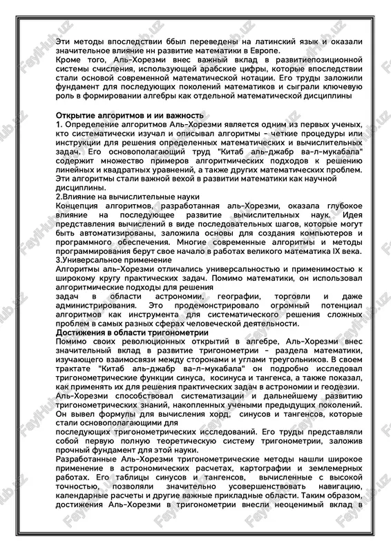 uchenimi predidushix pokoleniy. on vivel formuli dlya vichisleniya xord, sinusov i tangensov, kotorie stali osnovopolagayushimi dlya posleduyushix trigonometricheskix issledovaniy. ego trudi predstavlyali soboy pervuyu polnuyu teoreticheskuyu sistemu trigonometrii, zalojiv prochniy fundament dlya etoy nauki. razrabotannie al-xorezmi trigonometricheskie metodi nashli shirokoe primenenie v astronomicheskix raschetax, kartografii i zemlemernix rabotax. ego tablitsi sinusov i tangensov, vichislennie s visokoy tochnostyu, pozvolyali znachitelno usovershenstvovat navigatsiyu, kalendarnie rascheti i drugie vajnie prikladnie oblasti. takim obrazom, dostijeniya al-xorezmi v trigonometrii vnesli neotsenimiy vklad v razvitie mnogix nauchnix distsiplin i texnologiy v srednevekovom islamskom mire. issledovaniya v astronomii i geografii naryadu s vidayushimisya dostijeniyami v oblasti algebri i trigonometrii, al-xorezmi takje bil talantlivim astronomom i geografom, vnesshim znachitelniy vklad v eti nauki. buduchi priglashennim v znamenitiy dom mudrosti v bagdade, on.aktivno zanimalsya izucheniem nebesnix tel, razrabotkoy astronomicheskix tablits i metodov opredeleniya koordinat na poverxnosti zemli. v svoem traktate "kitab surat al-ard" ("kniga o vide zemli") al-xorezmi predstavil …