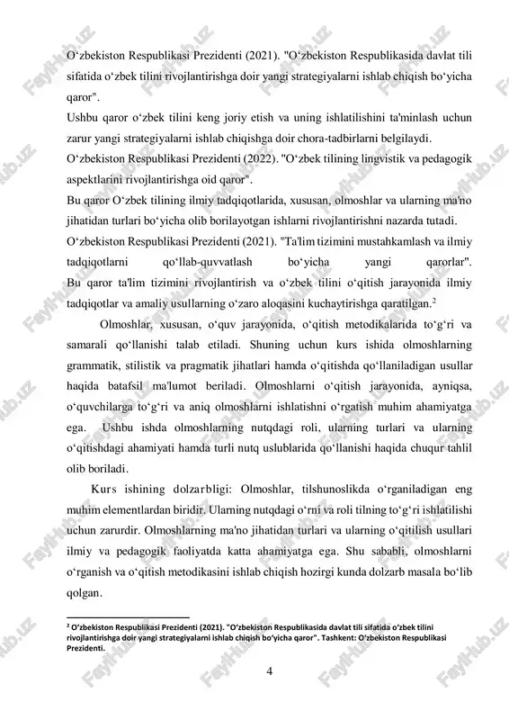 a samarali o‘rgatish usullarini bilishlari lozim. bu esa o‘quv jarayonini sifatli tashkil etishda yordam beradi. kurs ishining dolzarbligi shundan iboratki, u olmoshlarning grammatik turlarini chuqur o‘rganish, ularning ma'no jihatidan farqlarini tahlil qilish va o‘qitishda qo‘llaniladigan metodlarni tadqiq etish orqali tilni o‘rganish va o‘qitish jarayonini samarali qilishga yordam beradi. bundan tashqari, olmoshlarning turli nutq uslublarida qanday ishlatilishini aniqlash, ularni o‘qitishda qanday yondashuvlarni qo‘llash zarurligini ko‘rsatib beradi. shunday qilib, olmoshlarni o‘rganish va o‘qitish usullarining dolzarbligi o‘quvchilarning nutq madaniyati va tilni to‘g‘ri qo‘llay olish ko‘nikmalarini shakllantirishda muhim ahamiyat kasb etadi. bu kurs ishining mavzusi ilmiy va amaliy nuqtai nazardan dolzarb bo‘lib, til o‘rganish va o‘qitish jarayonlarini rivojlantirishga xizmat qiladi. kurs ishining maqsadi: olmoshlarning ma'no jihatidan turlarini va ularning nutqdagi rolini o‘rganish, shuningdek, olmoshlarni o‘qitishning samarali usullarini tadqiq qilishdir. kurs ishida quyidagi asosiy maqsadlar amalga oshiriladi:  olmoshlarning turlari va ularning grammatik xususiyatlarini tahlil qilish: olmoshlarning turli turlarini (shaxs, ko‘rsatish, so‘roq, e'tibor va boshqalar) …