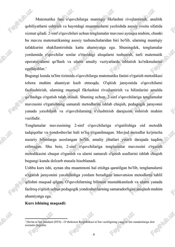 orqali o'quvchilarning bilimlarini mustahkamlash. · o'quvchilarda tenglamalarni yechish bo'yicha amaliy ko'nikmalarni rivojlantirish: o'quvchilarning tenglamalarni yechishdagi muvaffaqiyatini oshirish uchun qiziqarli va samarali mashqlarni ishlab chiqish, ularning mustaqil ish faoliyatini qo'llab-quvvatlash. · motivatsiyalash va faollashtirish usullarini ishlab chiqish: o'quvchilarda tenglamalar mavzusiga qiziqish uyg'otish, ularni darslarga faol jalb qilish va motivatsiya vositalarini qo'llash. · tenglamalar mavzusini o'qitishda yuzaga keladigan qiyinchiliklarni tahlil qilish va ularni yengish yo'llarini ishlab chiqish: o'quvchilarning keng qamrovli xatolarini tushunish va ularga tegishli pedagogik yordam ko'rsatish. kurs ishining maqsadi o'quvchilarning matematik bilimlarini chuqurlashtirish va tenglamalar mavzusini o'qitishda samarali metodlarni ishlab chiqishga yordam beradi. bu, o'z navbatida, o'quvchilarning umumiy matematik fikrlash qobiliyatini oshirishga xizmat qiladi. kurs ishining vazifasi: ushbu kurs ishining vazifalari quyidagilardan iborat: · tenglamalar mavzusining nazariy asoslarini o'rganish: · tenglamalar tushunchasining ta'rifi va uning matematikasidagi o'rni. · 2-sinf o'quvchilari uchun tenglamalar mavzusining o'rgatishdagi ahamiyati va o'ziga xos xususiyatlarini tahlil qilish. · o'quvchilarga tenglamalarni o'rgatish metodlarini aniqlash: · 2-sinf o'quvchilari …