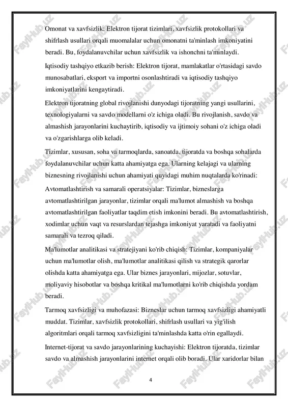 yangi texnologiyalar biznesning rivojlanishiga olib keladi. ko'plab qurilmalar bilan hamkorlik: tizimlar, ko'plab qurilmalar bilan hamkorlik qilishda yordam beradi. masalan, shaxsiy kompyuterlar, smartfonlar, iot qurilmalari va boshqa smart texnologiyalar bir-biriga bog'lanish orqali tizimlar orqali ko'plab jarayonlarni boshqarish imkoniyatini beradi. tizimlar, bizneslarning rivojlanishi, innovatsiyalarga moslashishi, faoliyatni avtomatlashtirish va samarali qilishda katta o'rin egallaydi. kelajakda tizimlar va ularning rivojlanishi, biznesning raqobatbardoshlikda saqlanganligi va muvaffaqiyatida katta ahamiyatga ega bo'ladi. y.nanehkaranning ta’kidlashicha, “elektron tijorat inson hayotini tubdan o‘zgartirgan kuchli innovatsion jarayon bo‘lib, elektron tijorat ham iqtisodiy sohada axborot texnologiyalari va kommunikatsiyalari inqilobining asosiy mezonlaridan biridir”1. j.ritterning ta'kidlashicha, “elektron tijorat yoki elektron savdo – bu internetda tovarlar va xizmatlarni sotib olish va sotish hamda internet platformasida iste’molchilaar tomonidan narxlarni solishtirish va eng so'nggi ma'lumotlarni ko'rish uchun ma'lumot manbai”2. toʻgʻrirogʻi, elektron tijorat internet orqali tovarlar va xizmatlarni sotib olish va sotishni, shuningdek, transchegaraviy xususiyatlarga ega boʻlgan va maʼlum bir mamlakatning chakana eksportini osonlashtiradigan savdo turini oʻz ichiga …