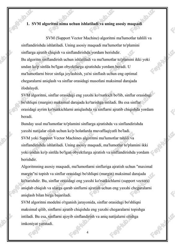 aslahatlashish va sinflarni ajratib chiqishga imkoniyat yaratadi. bu esa, modelning qobiliyatini ko'paytiradi va ma'lumotlarni yaxshi sinflandirishga olib keladi. 3. c va gamma parametrlari svm algoritmi uchun nima ifodalaydi va ularning o'z vazifalari nima c va gamma parametrlari svm algoritmi uchun muhim bo'lgan kiritiladigan parametrlardir va algoritmdagi xususiyatlarni o'zgartirishga qaratilgan. c parametri: · c parametri, qatlama xatolarini cheklash vaqti orqali qatlama xatolarni nazorat qiladi. · katta c qiymati, qatlama xatolari uchun kengayish mumkinligini cheklash orqali modelni "overfitting" qilishga olib kelishi mumkin. · c qiymati katta bo'lganda, algoritm modelni train ma'lumotlariga yaxshi moslashishga intiladi, lekin bu overfitting imkoniyatini oshirishi mumkin. gamma parametri: · gamma parametri, kernel funksiyasi (masalan, rbf) ichidagi qatlama kengayishini nazorat qiladi. · katta gamma qiymati, har bir ma'lumot nuqtasining modelga qo'shilishi bilan o'zaro ta'sir qilishini oshirishi mumkin. · gamma qiymati katta bo'lganda, algoritmdagi ma'lumotlar orasidagi munosabatlarni o'zgarishi yuqori bo'lishi mumkin va bu esa modelni train ma'lumotlariga yaxshi moslashishga olib …