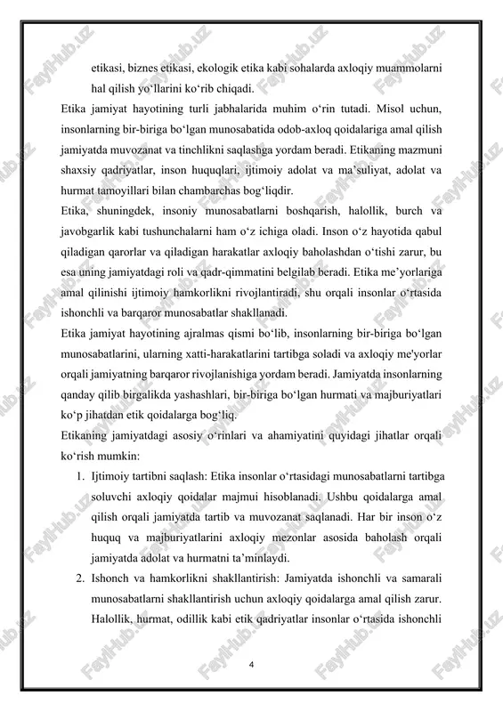 va adolatni ta'minlashga hissa qo‘shadilar. 1. etika tarixi va rivojlanishi etikaning rivojlanishi uzoq tarixga ega bo'lib, turli davrlarda falsafiy maktablar va diniy ta'limotlar asosida shakllangan. insoniyat axloqiy qadriyatlarni anglash, axloq va odob me'yorlarini yaratish va ularni hayotga tatbiq etish jarayonida etika shakllangan. etika falsafasi har xil davrlarda turli madaniyatlar va millatlar tomonidan boyitilgan, bu jarayonda qadimgi sivilizatsiyalar, jumladan, qadimgi yunoniston va xitoyning roli katta. qadimgi davrlardagi etika 1. qadimgi yunoniston va rim falsafasi: · etikaning rivojlanishi qadimgi yunoniston falsafasi bilan chambarchas bog‘liq. yunon faylasuflari axloqiy masalalarga chuqur qiziqish bildirganlar. sokrat (mil. avv. 470-399) etikaning asoschilaridan biri bo‘lib, u axloqiy me’yorlarni tushunish uchun aql va bilim muhimligini ta’kidlagan. sokrat axloqiy tamoyillarni bilimga asoslash kerakligini aytib, "bilim — yaxshilik" degan g‘oyani ilgari surgan. · platon (mil. avv. 428-348) va uning shogirdi aristotel (mil. avv. 384-322) etikaning rivojiga katta hissa qo‘shgan. platonning "yaxshilik g‘oyasi" va aristotelning "o‘rta yo‘l" tamoyillari axloqiy muvozanat va fazilatli …