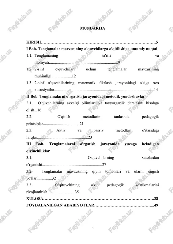 zusini o'rgatishda samarali pedagogik metodlarni tahlil qilish, o'quvchilarning matematik tafakkurini rivojlantirish va ularni tenglamalarni tushunish va yechish bo'yicha amaliy ko'nikmalarga ega qilish. kurs ishining maqsadlariga erishish uchun quyidagi asosiy vazifalar belgilangan: · tenglamalar mavzusining 2-sinf o'quvchilariga o'rgatilishining nazariy asoslarini o'rganish: tenglamalar tushunchasining matematik ta'rifi, uning o'qitilishidagi ahamiyati va 2-sinf o'quvchilari uchun bu mavzuni o'zlashtirishning o'ziga xos xususiyatlarini tahlil qilish. · tenglamalar mavzusini o'qitishning samarali metodlarini ishlab chiqish: o'quvchilarning yoshiga mos metodlar va yondoshuvlarni tanlash, o'qitish jarayonida aktiv va passiv metodlarning qo'llanilishi, shuningdek interaktiv darslar va amaliy mashg'ulotlar orqali o'quvchilarning bilimlarini mustahkamlash. · o'quvchilarda tenglamalarni yechish bo'yicha amaliy ko'nikmalarni rivojlantirish: o'quvchilarning tenglamalarni yechishdagi muvaffaqiyatini oshirish uchun qiziqarli va samarali mashqlarni ishlab chiqish, ularning mustaqil ish faoliyatini qo'llab-quvvatlash. · motivatsiyalash va faollashtirish usullarini ishlab chiqish: o'quvchilarda tenglamalar mavzusiga qiziqish uyg'otish, ularni darslarga faol jalb qilish va motivatsiya vositalarini qo'llash. · tenglamalar mavzusini o'qitishda yuzaga keladigan qiyinchiliklarni tahlil qilish va ularni yengish yo'llarini …