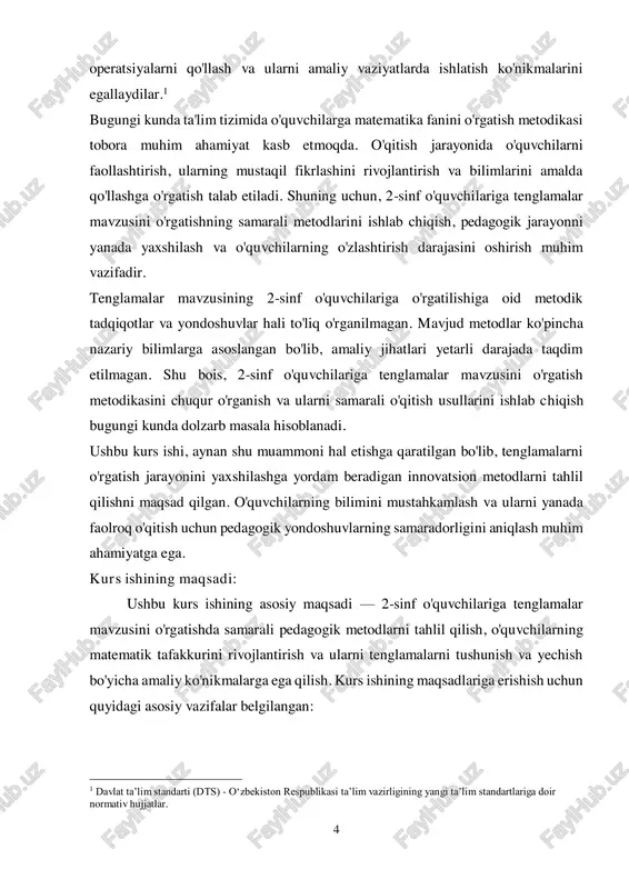 qali o'quvchilarning bilimlarini mustahkamlash.  o'quvchilarda tenglamalarni yechish bo'yicha amaliy ko'nikmalarni rivojlantirish: o'quvchilarning tenglamalarni yechishdagi muvaffaqiyatini oshirish uchun qiziqarli va samarali mashqlarni ishlab chiqish, ularning mustaqil ish faoliyatini qo'llab-quvvatlash.  motivatsiyalash va faollashtirish usullarini ishlab chiqish: o'quvchilarda tenglamalar mavzusiga qiziqish uyg'otish, ularni darslarga faol jalb qilish va motivatsiya vositalarini qo'llash.  tenglamalar mavzusini o'qitishda yuzaga keladigan qiyinchiliklarni tahlil qilish va ularni yengish yo'llarini ishlab chiqish: o'quvchilarning keng qamrovli xatolarini tushunish va ularga tegishli pedagogik yordam ko'rsatish. kurs ishining maqsadi o'quvchilarning matematik bilimlarini chuqurlashtirish va tenglamalar mavzusini o'qitishda samarali metodlarni ishlab chiqishga yordam beradi. bu, o'z navbatida, o'quvchilarning umumiy matematik fikrlash qobiliyatini oshirishga xizmat qiladi. kurs ishining vazifasi: ushbu kurs ishining vazifalari quyidagilardan iborat:  tenglamalar mavzusining nazariy asoslarini o'rganish:  tenglamalar tushunchasining ta'rifi va uning matematikasidagi o'rni.  2-sinf o'quvchilari uchun tenglamalar mavzusining o'rgatishdagi ahamiyati va o'ziga xos xususiyatlarini tahlil qilish.  o'quvchilarga tenglamalarni o'rgatish metodlarini aniqlash: 6  2-sinf …