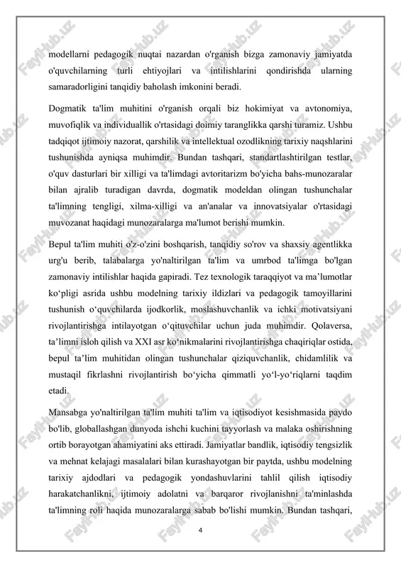mlilik va mustaqil fikrlashni rivojlantirish boʻyicha qimmatli yoʻl-yoʻriqlarni taqdim etadi. mansabga yo'naltirilgan ta'lim muhiti ta'lim va iqtisodiyot kesishmasida paydo bo'lib, globallashgan dunyoda ishchi kuchini tayyorlash va malaka oshirishning ortib borayotgan ahamiyatini aks ettiradi. jamiyatlar bandlik, iqtisodiy tengsizlik va mehnat kelajagi masalalari bilan kurashayotgan bir paytda, ushbu modelning tarixiy ajdodlari va pedagogik yondashuvlarini tahlil qilish iqtisodiy harakatchanlikni, ijtimoiy adolatni va barqaror rivojlanishni ta'minlashda ta'limning roli haqida munozaralarga sabab bo'lishi mumkin. bundan tashqari, texnologik uzilishlar sanoat va mehnat bozorlarini qayta shakllantirar ekan, mansabga yo'naltirilgan ta'limning rivojlanayotgan tabiatini tushunish siyosatchilar, o'qituvchilar va ish beruvchilar uchun juda muhimdir. va nihoyat, ijodiy ta'lim muhiti ta'limning innovatsiyalar, ifoda va ijtimoiy o'zgarishlar uchun katalizator sifatida qarashlarini o'zida mujassam etadi. murakkab muammolar va tez o'zgarishlar bilan tavsiflangan davrda ijodkorlik va fanlararo fikrlashni rivojlantirish chidamlilik, empatiya va moslashuvchan tajribani rivojlantirish uchun juda muhimdir. ushbu model bilan bog'liq bo'lgan tarixiy pretsedentlar va pedagogik amaliyotlarni o'rganish orqali biz erta bolalikdan tortib …