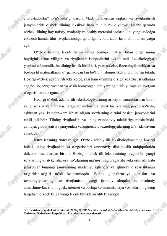 a o‘zgarishlari zamonaviy tilshunoslik tadqiqotlarida dolzarb masalalardan biridir. hozirgi o‘zbek tili leksikasining o‘zgarishi, yangi so‘zlarning kirib kelishi, eski so‘zlarning ma’nosining o‘zgarishi yoki eskirishi kabi jarayonlar bugungi jamiyatning madaniy, iqtisodiy va ijtimoiy o‘zgarishlariga to‘g‘ridan-to‘g‘ri ta’sir ko‘rsatmoqda. bunda globalizatsiya, ilm-fan va texnologiyalarning tez rivojlanishi, yangi ijtimoiy aloqalar va madaniy almashinuvlar, shuningdek, internet va boshqa kommunikatsiya vositalarining keng tarqalishi o‘zbek tiliga yangi leksik birliklarni olib kelmoqda. hozirgi kunda o‘zbek tili leksikasida xorijiy so‘zlar, yangi terminologiya, ilmiy va texnik sohalarda qo‘llaniladigan atamalar soni ortib bormoqda. shu bilan birga, eski so‘zlar, ifodalar va frazeologik birliklar zamon talablariga mos kelmay qolishi mumkin. o‘zbek tilidagi bu o‘zgarishlarni tahlil qilish, yangi leksik birliklar va so‘zlar o‘zlashtirilayotgan xorijiy tillar bilan aloqada o‘zgarishlarni o‘rganish bugungi kunda tilshunoslar uchun dolzarb vazifa hisoblanadi. kurs ishining maqsadi: ushbu kurs ishining asosiy maqsadi hozirgi o‘zbek adabiy tili leksikologiyasini o‘rganish va uning holatini tahlil qilishdir. maqsad quyidagi aniq vazifalarni bajarishni ko‘zda tutadi: · hozirgi o‘zbek …
