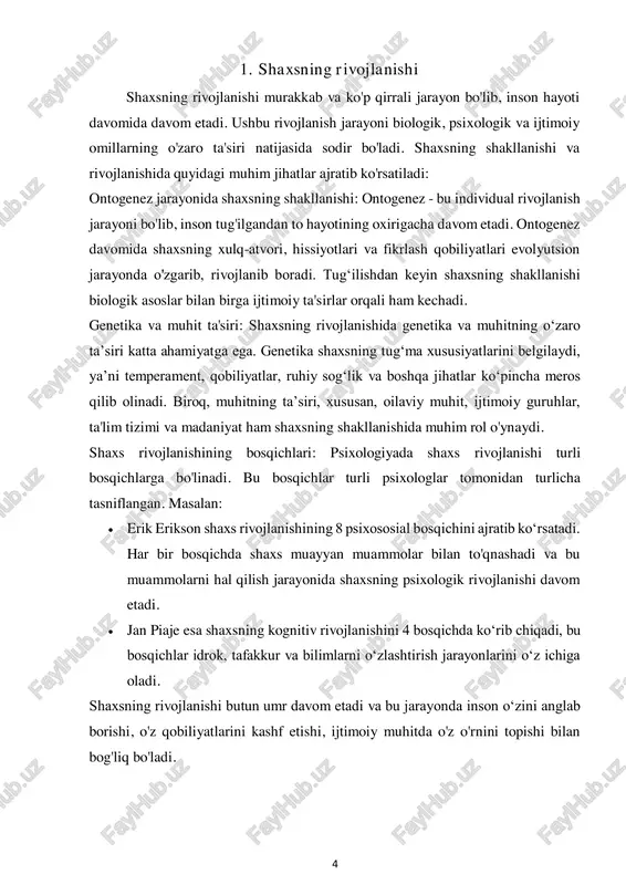 sabrli yoki hissiy bo‘lishini ko‘rsatadi. temperament o‘zgarmaydi va u odamning biologik asoslariga bog‘liq bo‘lgan holda rivojlanadi. temperament turlari asosan ippokrat tomonidan to‘rt asosiy turga bo‘lingan va keyinchalik bu tasnif ivan pavlov tomonidan kengaytirilgan:  sangvinik: kuchli, muvozanatli va harakatchan temperament turi. bu tipdagi odamlar tezkor, quvnoq, ijtimoiy faol va oson adaptatsiya qiluvchi bo‘ladi.  xolerik: kuchli, muvozanatsiz va juda faol. xoleriklar energiyali, hissiyotga boy va o‘zlarini tezda namoyon qiluvchi odamlar bo‘ladi, lekin ular ko‘pincha qizg‘in va sabrsiz bo‘ladi.  flegmatik: kuchli, muvozanatli, lekin sekin harakatlanadigan. flegmatiklar sokin, sabrli va barqaror insonlardir, ular o‘z hissiyotlarini kam namoyon qiladi va sekin qaror qabul qiladi. xarakter – bu shaxsning ijtimoiy hayotida shakllangan, barqaror va muayyan xulq- atvor uslublarini belgilovchi xususiyatlar yig‘indisidir. xarakter insonning shaxsiy fazilatlarini aks ettiradi va uning ijtimoiy munosabatlarda qanday munosabatda bo‘lishini ko‘rsatadi. xarakter odatda tashqi muhit va tarbiya natijasida shakllanadi va insonning qadriyatlari, dunyoqarashi, qarashlari va odatlari bilan chambarchas bog‘liq. …