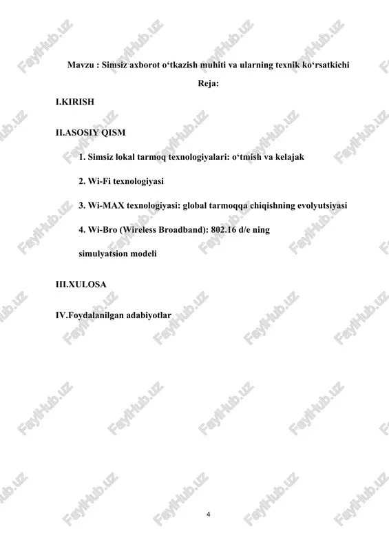 i mustahkamlash jarayonlari yuz berishi, bu texnologiyalarni jadallik bilan rivojlanishiga olib keldi. bugungi kunda simsiz texnologiyalar kundalik hayotimizga mustahkam joylashib bormoqda, yuqori tezlikni ta’minlash bilan birga ular yangi qurilma va xizmatlarni taqdim etmoqda. yangi cdma (code division multiple access - kanallarni kodli taqsimlash texnologiyasi), gsm (global systems for mobile communications- mobil aloqa tarmoqlarining global tizimi), tdma (time division multiple access-kanallarni vaqt orqali taqsimlash texnologiyasi), 802.11, wap (wireless application protocol-simsiz texnologiyalar protokoli), 3g va 4g (uchinchi va to’rtinchi avlod texnologiyalari), gprs (general packet radio service, ma’lumotlarni paketlab uzatish xizmati), bluetooth (o’rta va qisqa masofa tarmog’i), edge (enhanced data rates for gsm evolution, takomillashtirilgan gsm tarmoq) va shu kabi texnologiyalarning xilma-xilligi bu sohada tub burilish boshlanayotganini anglatib turibdi. simsiz lokal tarmoqlar (wlan) hamda o’rta va qisqa masofa. tarmoq (bluetooth) larning rivojlanishi juda istiqbollidir. simsiz lokal tarmoqlar aeroportlar, universitet va institutlar, mehmonxonalar, restoranlar, korxona va tashkilotlar tarmoqlarida ko’plab qo’llanilmoqda. simsiz tarmoqlarni standartlarini ishlab …