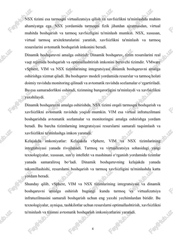 ash platformasi. nsx yordamida fizik tarmoqdan mustaqil holda virtual tarmoqlarni yaratish, boshqarish va xavfsizlikni ta'minlash mumkin. nsx tarmoq arxitekturalarini abstraktsiyalash va segmentatsiyalashni amalga oshirishga yordam beradi, bu esa yuqori darajadagi xavfsizlik, elastiklik va samaradorlikni ta'minlaydi. nsx tizimi quyidagi asosiy xususiyatlarga ega: · tarmoq virtualizatsiyasi — nsx yordamida fizik tarmoq infratuzilmasidan ajralgan virtual tarmoqlarni yaratish mumkin. virtual tarmoq arxitekturasi yordamida tarmoqni tarmoqlar, segmanlar va xizmati bo‘yicha ajratish amalga oshiriladi. · tarmoq xavfsizligi — nsx tizimi yordamida virtual tarmoqlarda xavfsizlikni ta'minlash uchun firewalldan foydalanish, xavfsizlikni segmentlash va xavfsizlik profilini yaratish mumkin. bu tarmoqni mustahkamlash va hujumlarga qarshi himoya qilish imkonini beradi. · tarmoq avtomatizatsiyasi — nsx tizimi avtomatik tarmoq yaratish va boshqarish imkonini beradi. tarmoq resurslarini real vaqt rejimida boshqarish, monitoring qilish va optimallashtirish tizimi yordamida amalga oshiriladi. nsx tizimi, vsphere platformasi bilan integratsiya qilgan holda, virtual infratuzilmada xavfsiz va samarali tarmoq boshqaruvini ta'minlaydi. u tarmoqni virtualizatsiya qilish, xavfsizlikni ta'minlash, va resurslarni …