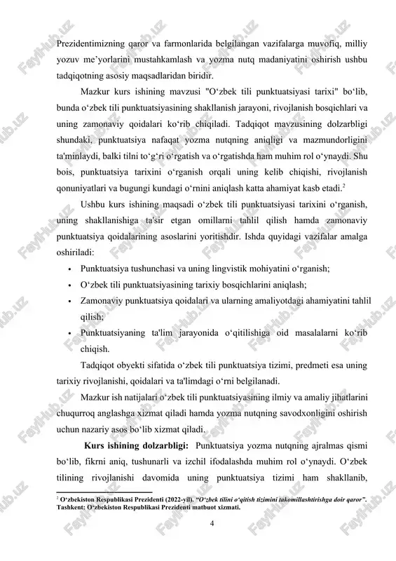 rbligi: punktuatsiya yozma nutqning ajralmas qismi bo‘lib, fikrni aniq, tushunarli va izchil ifodalashda muhim rol o‘ynaydi. o‘zbek tilining rivojlanishi davomida uning punktuatsiya tizimi ham shakllanib, takomillashib kelmoqda. bugungi kunda yozma nutq madaniyatini oshirish, til me’yorlarini to‘g‘ri qo‘llash va adabiy tilni o‘rgatishda punktuatsiya qoidalarini bilish alohida ahamiyat kasb etadi. mazkur mavzuning dolzarbligi shundan iboratki, punktuatsiya faqat tilshunoslik emas, balki ta’lim, madaniyat va kommunikatsiya sohalari uchun ham muhimdir. ushbu mavzuni o‘rganish o‘zbek tili punktuatsiya tizimining kelib chiqishi, rivojlanish bosqichlari va zamonaviy talablar asosida takomillashuvini chuqurroq tushunishga imkon beradi. kurs ishining maqsadi: ushbu kurs ishining asosiy maqsadi o‘zbek tili punktuatsiyasining tarixiy rivojlanishini o‘rganish, uning shakllanishiga ta’sir ko‘rsatgan omillarni aniqlash hamda zamonaviy punktuatsiya qoidalarining lingvistik va amaliy ahamiyatini yoritishdan iborat. shuningdek, tadqiqot orqali punktuatsiyaning yozma nutqni rivojlantirishdagi o‘rnini, uning ta’lim jarayonidagi ahamiyatini o‘rganish ham nazarda tutiladi. kurs ishining vazifalari: ushbu kurs ishini amalga oshirish uchun quyidagi vazifalar belgilangan: · punktuatsiya tushunchasining lingvistik mazmunini va …