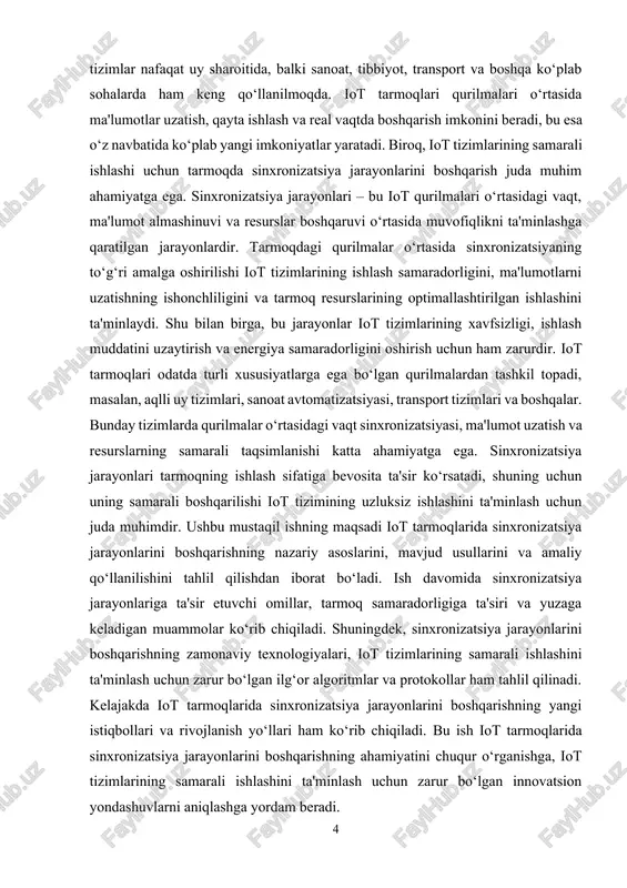 , ularning kengligi va turli joylarda joylashishi tarmoqni boshqarishni murakkablashtiradi. · resurslarni tejash: iot qurilmalari ko‘pincha energiya manbalaridan cheklangan holda ishlaydi, shuning uchun energiya samaradorligi va resurslarni tejash juda muhim ahamiyatga ega. · ma'lumotlar oqimi: iot qurilmalari tomonidan uzatilgan ma'lumotlar juda katta hajmda bo‘lib, tarmoqning samarali ishlashi uchun ma'lumotlar oqimini boshqarish zarur. · tarmoqdagi kechikishlar: iot tarmoqlari ko‘plab qurilmalar o‘rtasida ma'lumot almashinishni talab qiladi. tarmoqdagi kechikishlar va uzilishlar qurilmalar o‘rtasida to‘g‘ri sinxronizatsiyani ta'minlashda jiddiy qiyinchiliklar tug‘diradi. sinxronizatsiya ehtiyoji: iot tizimlarida turli qurilmalar bir-biri bilan uzviy aloqada bo‘lishi kerak. bu esa tarmoqdagi qurilmalar orasida to‘g‘ri sinxronizatsiyani ta'minlashni talab qiladi. sinxronizatsiya ehtiyoji bir nechta muhim omillar bilan bog‘liq: · vaqtni sinxronlashtirish: iot tizimlarida ishlash uchun barcha qurilmalar va sensorlar bir xil vaqtni qabul qilishlari kerak. bu ayniqsa, real vaqtda monitoring qilish, ma'lumotlarni qayta ishlash va tizimlarni boshqarish jarayonlarida muhim ahamiyatga ega. · ma'lumotlar uzatish va qabul qilish: qurilmalar o‘rtasidagi ma'lumot uzatish jarayonida …