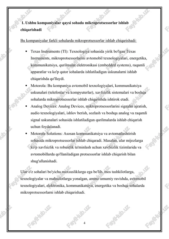 ologiyalarni o'rganish yoki ularning mahsulotlarini qanday qilib ishlatish haqida yordam berishi mumkin. dasturiy ta’minot va yangiliklar: kompaniyalar yangi texnologiyalarni yaratish va mijozlar uchun foydalanishga tayyorlash uchun dasturiy ta’minotlar taqdim etadi. yangiliklar, so'nggi texnologiyalar, yangi mahsulotlar yoki texnologiyalarning ilg'or tadbirlar bilan bog'liq yangiliklar kompaniyalar tomonidan mijozlarga tarqatiladi. teknik dasturlar va o'quv materiallari: mijozlar uchun, kompaniyalar onlayn platformalarda, veb-saytlarda, yoki mobil ilovalarda texnologiyalar bilan bog'liq kurslar, webinarlar, va dasturlar taqdim etadi. bu o'quv materiallari texnologiyalarni o'rganishga, ular bilan ishlashga yoki yangiliklardan foydalanishga yordam beradi. ushbu usullar kompaniyalar tomonidan mijozlarga texnologiyalarni o'rganish, yangiliklardan foydalanish va ularning mahsulotlarini mukammalroq ishlatishda yordam berish uchun qo'llaniladi. mijozlar texnologik rivojlanish va yangiliklarga oid ma'lumotlarga ega bo'lishlari orqali, kompaniyalar mijozlarga yordam berish uchun harakat qilishadi. 4. ular o'zlarining mikroprotsessorlarida xavfsizlik chiqindilari mavjudligini ko'rsatishlari mumkinmi yirik ishlab chiqaruvchi kompaniyalar, xususan, mikroprotsessorlari xavfsizlikni ta'minlash va himoya qilish bo'yicha qattiq qarashlar ko'rsatadilar. ularning mikroprotsessorlarida xavfsizlik chiqindilari mavjudligini ko'rsatish odatda quyidagi ko'rinishlarda …