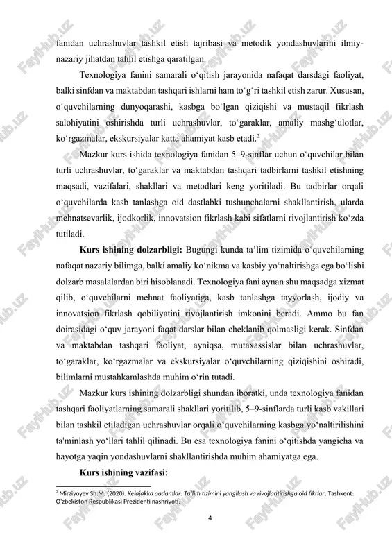 muhim ahamiyatga ega. kurs ishining vazifasi: · texnologiya fanidan sinfdan va maktabdan tashqari ishlarning turlarini tahlil qilish. · 5–9-sinflarda texnologiya faniga oid uchrashuvlarni tashkil etish shakllari va usullarini o‘rganish. · o‘quvchilarda kasbga qiziqish uyg‘otuvchi tadbirlarni loyihalashtirish va ularni amalda qo‘llash imkoniyatlarini aniqlash. · o‘quvchilarning amaliy ko‘nikmalarini rivojlantirishga xizmat qiluvchi tashkiliy faoliyatni ishlab chiqish. · texnologiya fanini o‘qitishda interaktiv va innovatsion yondashuvlardan foydalanish samaradorligini asoslash. kurs ishining ob’yekti: 5–9-sinflarda texnologiya fani bo‘yicha o‘quv jarayoni va unga oid sinfdan tashqari ishlardir. kurs ishining predmeti: texnologiya fanidan sinfdan va maktabdan tashqari ishlar, xususan, 5–9-sinflarda uchrashuvlar, to‘garaklar, ekskursiyalar va amaliy mashg‘ulotlarni tashkil etish jarayonidir. kurs ishini tuzilishi: kirish 2 ta bob , 4 ta bo‘lim, va xulosa foydalanilgan adabiyotlar ilovalar : i bob. texnologiya faniga oid sinfdan va maktabdan tashqari ishlarni tashkil etish 1.1. yosh ixtirochilar" toʻgaragini tashkil etish zamonaviy ta’lim tizimi o‘quvchilarda chuqur bilim va amaliy ko‘nikmalarni shakllantirishni ko‘zda tutadi. ayniqsa, texnologiya fani …