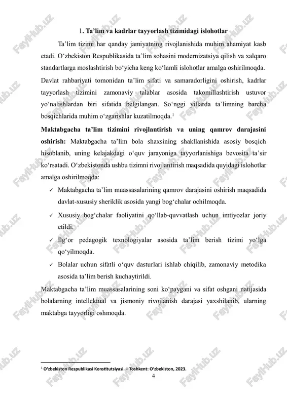 a’lim tizimi ham keng ko‘lamli islohotlar jarayonidan o‘tmoqda. xususan:  yangi xususiy va xorijiy universitetlarning ochilishiga ruxsat berildi, ularning soni ortib bormoqda.  oliy ta’limda akademik mustaqillik kuchaytirilib, universitetlarga o‘z dasturlarini ishlab chiqish huquqi berildi.  talabalar uchun grant va stipendiyalar soni oshirilmoqda, bu esa yoshlarning oliy ta’limga bo‘lgan qiziqishini yanada oshirishga xizmat qilmoqda.  xalqaro hamkorlik doirasida yetakchi xorijiy universitetlarning filiallari ochilmoqda.  masofaviy ta’lim tizimi rivojlantirilmoqda va elektron ta’lim platformalari joriy etilmoqda. 6 natijada, oliy ta’limning sifati oshib, xalqaro talablarga mos raqobatbardosh kadrlar tayyorlanmoqda. kasb-hunar ta’limi va uzluksiz ta’lim tizimini takomillashtirish: kasb-hunar ta’limi mehnat bozorining talablariga mos ravishda isloh qilinmoqda. asosiy yo‘nalishlar quyidagilardan iborat:  o‘rta maxsus ta’lim tizimi qayta ko‘rib chiqilib, ishlab chiqarish va xizmat ko‘rsatish sohasi uchun kasb-hunar kollejlari va texnikumlar tashkil etildi.  kasb-hunar ta’lim muassasalari xususiy sektor bilan hamkorlikda ishlab, amaliy ko‘nikmalarni rivojlantirishga yo‘naltirilmoqda.  yoshlarni tadbirkorlikka jalb qilish uchun maxsus dasturlar joriy etilib, …