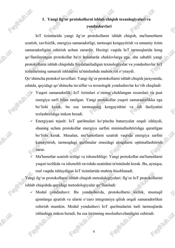 tini beradi va iot tizimlarida kam quvvat sarfi bilan ishlash uchun yangi protokollarni yaratishga yordam beradi. · wi-fi 6 va wi-fi 7: yuqori tezlikdagi ma'lumot uzatish imkoniyatlarini ta'minlash uchun wi-fi 6 va wi-fi 7 tarmoqlari iot tizimlari uchun ilg‘or protokollarni yaratishda qo‘llanilishi mumkin. ushbu texnologiyalar yuqori tezlikdagi uzatishni, kechikishlarni kamaytirishni va tarmoqning kengayishini ta'minlaydi. · bluetooth low energy (ble): ble texnologiyasi energiya samaradorligini oshirish va qisqa masofalardagi ma'lumot almashishni ta'minlashda yangi ilg‘or protokollarni ishlab chiqishda qo‘llaniladi. interoperabilite va standartlar: yangi ilg‘or protokollarni ishlab chiqishda muhim yondashuvlardan biri bu tarmoqdagi qurilmalar o‘rtasida to‘liq interoperabiliteni ta'minlashdir. iot tizimlari ko‘pincha turli ishlab chiqaruvchilar tomonidan yaratilgan qurilmalardan iborat bo‘ladi, shuning uchun yangi protokollar umumiy standartlarga mos bo‘lishi kerak. bu uchun ilg‘or protokollarni ishlab chiqishda iso, ieee va boshqa xalqaro standartlarga amal qilish zarur. interoperabilite iot qurilmalarining o‘zaro aloqada bo‘lishini va tizimning umumiy ishlashini ta'minlaydi. yangi protokollarni ishlab chiqishdagi kelajak istiqbollari: iot tarmoqlari va ularning …