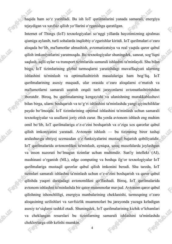 gbee, lora, nb-iot va 5g tarmoqlari bo‘lib, ular turli quvvat, masofa va tezlik talablari asosida tanlanadi. ma'lumotlarni qayta ishlash ma'lumotlar tarmoq orqali uzatilgach, ular serverlarda yoki bulut tizimlarida qayta ishlanadi. qayta ishlash jarayonida, ma'lumotlar tahlil qilinadi, prognozlar chiqariladi yoki aniq qarorlar qabul qilish uchun ishlatiladi. bu jarayon ko‘pincha sun'iy intellekt (ai) va mashinani o‘rganish (ml) algoritmlari yordamida amalga oshiriladi, chunki ular katta hajmdagi ma'lumotlardan ahamiyatli tendensiyalar va o‘zgarishlarni aniqlashda samarali. qarorlar qabul qilish iot tizimlari faqat ma'lumotlarni yig‘ish va uzatish bilan cheklanmaydi, balki bu ma'lumotlar asosida real vaqtda qarorlar qabul qiladi. masalan, aqlli uy tizimlari ma'lumotlarni yig‘ib, yoritish va isitish tizimlarini avtomatik tarzda boshqarishi mumkin. yoki sanoat jarayonlarida iot qurilmalari ishlab chiqarish liniyasidagi nosozliklarni aniqlab, tizimni avtomatik ravishda to‘g‘rilashi mumkin. avtonom ishlash avtonomlik iot qurilmalarining o‘z-o‘zini boshqarish va qarorlar qabul qilish imkoniyatini ta'minlaydi. bu, masalan, tarmoqda ma'lumotlarni uzatishda yoki qurilmalarda xatoliklar yuzaga kelganda tizimning o‘zini tiklash imkonini beradi. avtonom tizimlar …