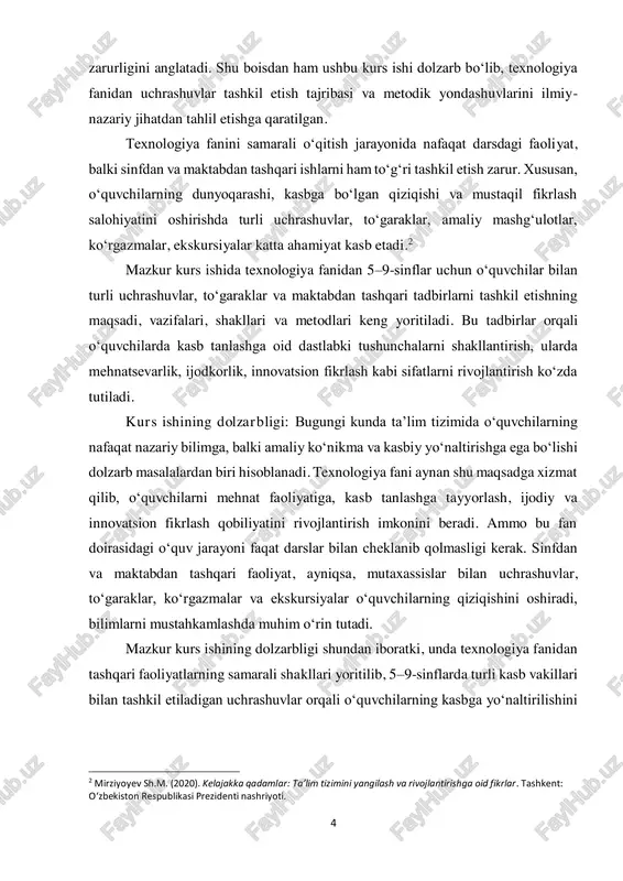 ishining vazifasi:  texnologiya fanidan sinfdan va maktabdan tashqari ishlarning turlarini tahlil qilish.  5–9-sinflarda texnologiya faniga oid uchrashuvlarni tashkil etish shakllari va usullarini o‘rganish.  o‘quvchilarda kasbga qiziqish uyg‘otuvchi tadbirlarni loyihalashtirish va ularni amalda qo‘llash imkoniyatlarini aniqlash.  o‘quvchilarning amaliy ko‘nikmalarini rivojlantirishga xizmat qiluvchi tashkiliy faoliyatni ishlab chiqish.  texnologiya fanini o‘qitishda interaktiv va innovatsion yondashuvlardan foydalanish samaradorligini asoslash. kurs ishining ob’yekti: 5–9-sinflarda texnologiya fani bo‘yicha o‘quv jarayoni va unga oid sinfdan tashqari ishlardir. kurs ishining predmeti: texnologiya fanidan sinfdan va maktabdan tashqari ishlar, xususan, 5–9-sinflarda uchrashuvlar, to‘garaklar, ekskursiyalar va amaliy mashg‘ulotlarni tashkil etish jarayonidir. kurs ishini tuzilishi: kirish 2 ta bob , 4 ta bo‘lim, va xulosa foydalanilgan adabiyotlar ilovalar : 6 i bob. texnologiya faniga oid sinfdan va maktabdan tashqari ishlarni tashkil etish 1.1. yosh ixtirochilar" toʻgaragini tashkil etish zamonaviy ta’lim tizimi o‘quvchilarda chuqur bilim va amaliy ko‘nikmalarni shakllantirishni ko‘zda tutadi. ayniqsa, texnologiya fani o‘quvchilarning kasb- hunar …