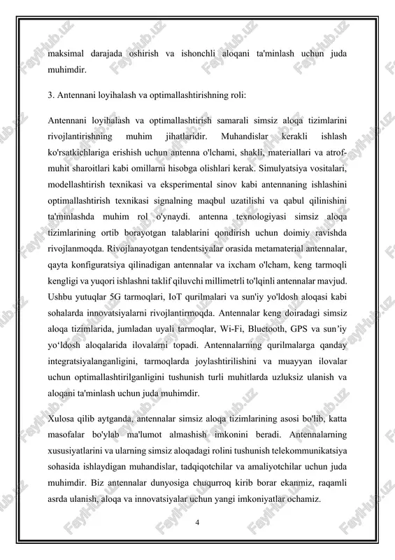 orqali muhandislar simsiz aloqa tizimlarida signal qamrovi, diapazoni va ishonchliligini optimallashtirishi mumkin. ulanish : antennalar uzatgichlar va qabul qiluvchilar o'rtasida simsiz aloqa o'rnatib, qurilmalar, tarmoqlar va sun'iy yo'ldoshlar o'rtasida uzluksiz aloqani ta'minlaydi. ular jismoniy dunyoni elektromagnit spektr bilan bog'laydigan muhim bo'g'in bo'lib xizmat qiladi, turli ilovalar va muhitlarda ma'lumot almashishni osonlashtiradi. xulosa qilib aytganda, antennalar simsiz aloqa tizimlarining asosiy komponentlari bo'lib, elektromagnit signallarni uzatish, qabul qilish va tarqatish imkonini beradi. ularning simsiz ulanishlarni o'rnatish, signal ishlashini optimallashtirish va uzluksiz aloqani ta'minlashdagi roli zamonaviy telekommunikatsiyalarda ajralmas bo'lib, uyali tarmoqlar, wi-fi, bluetooth va sun'iy yo'ldosh aloqasi kabi sohalarda innovatsiyalarni rag'batlantiradi. 2. asosiy antenna terminologiyasi va tushunchalari bilan tanishish. antennaning asosiy terminologiyasi va tushunchalari bilan tanishish uchun keling, ba'zi asosiy atamalar va tamoyillarni ko'rib chiqaylik: radiatsiya namunasi : uch o'lchamli fazoda antenna nurlanishining yo'nalish xususiyatlarining grafik tasviri. radiatsiya naqshlari antenna energiyasining turli yo'nalishlarda, jumladan, asosiy lob, yon loblar va orqa loblarda qanday taqsimlanishini …