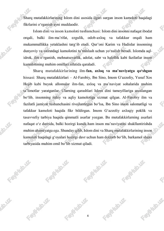 shunchasi. al-farobiy insonni eng oliy mavjudot sifatida e’tirof etib, uning mukammallikka erishishi uchun quyidagi omillar muhim ekanini ta’kidlaydi:  ilm va tafakkur – inson har doim bilim olishga intilishi va tafakkur qilishni rivojlantirishi kerak;  axloqiy poklik – nafsni tarbiyalash va yomon xulqlardan tiyilish lozim;  jamiyat uchun foydali bo‘lish – inson yolg‘iz o‘zi mukammallikka erisha olmaydi, u jamiyat bilan hamkorlikda yashashi va foyda keltirishi lozim;  donolik va adolat – har bir inson o‘z hayotida oqilona qaror qabul qilish va adolat mezonlariga amal qilishni o‘rganishi lozim. 6 al-farobiy fikricha, barkamol inson – bu nafaqat ilm va hunarni egallagan shaxs, balki o‘z axloqiy fazilatlari bilan ham jamiyatga xizmat qiladigan yetuk shaxsdir. al-farobiy ta’limotining bugungi kundagi ahamiyati al-farobiyning "fozil shahar" va barkamol inson haqidagi g‘oyalari bugungi kunda ham o‘z dolzarbligini yo‘qotmagan. uning fikricha, har bir jamiyat ilm-ma’rifat va adolat asosida qurilishi kerak. shu bilan birga, insonning kamolga yetishi shaxsiy intilishlar bilan …